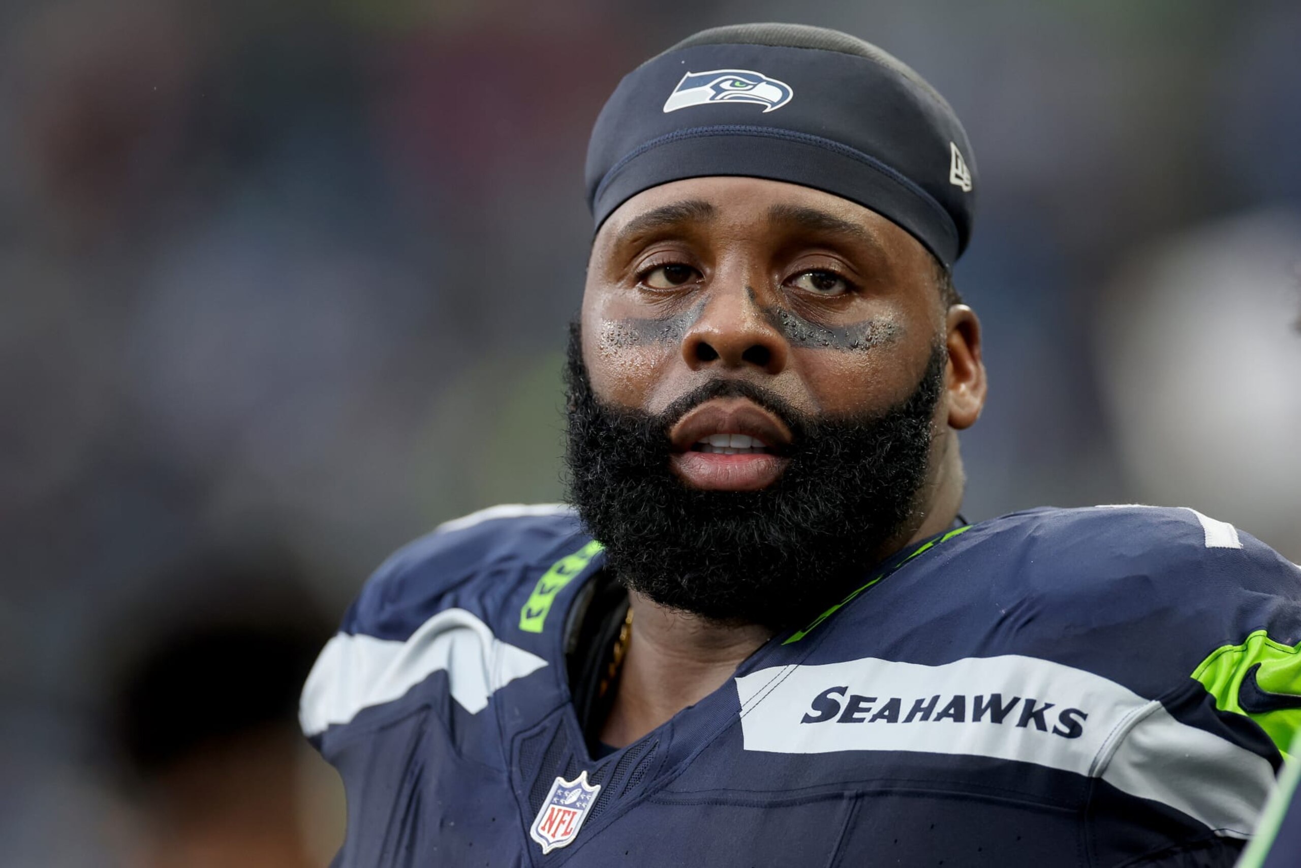 SEATTLE, WASHINGTON - NOVEMBER 12: Jason Peters #70 of the Seattle Seahawks looks on during the third quarter against the Washington Commanders at Lumen Field on November 12, 2023 in Seattle, Washington. (Photo by Steph Chambers/Getty Images)