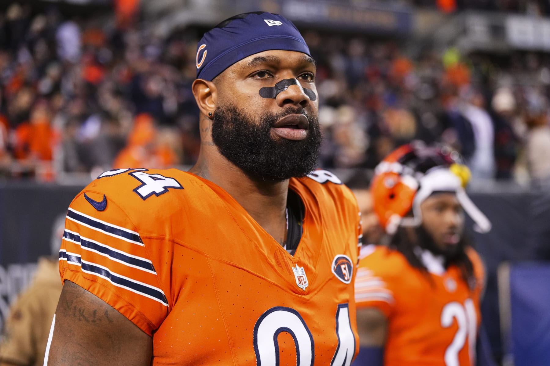 CHICAGO, IL - NOVEMBER 09: Marcedes Lewis #84 of the Chicago Bears walks out of the tunnel during an NFL football game against the Carolina Panthers at Soldier Field on November 9, 2023 in Chicago, Illinois. (Photo by Cooper Neill/Getty Images)