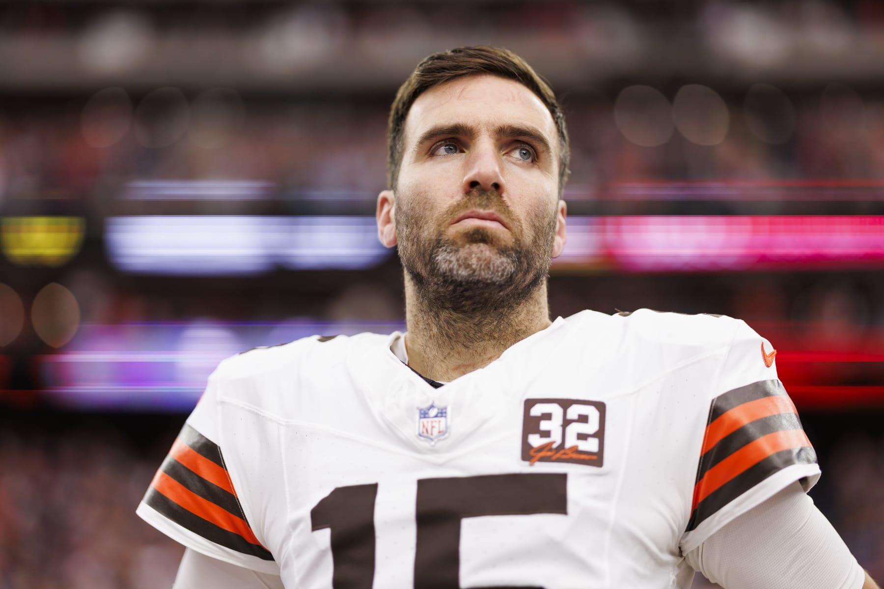 HOUSTON, TEXAS - JANUARY 13: Joe Flacco #15 of the Cleveland Browns looks on from the sideline before an AFC wild-card playoff football game against the Houston Texans at NRG Stadium on January 13, 2024 in Houston, Texas. (Photo by Ryan Kang/Getty Images)