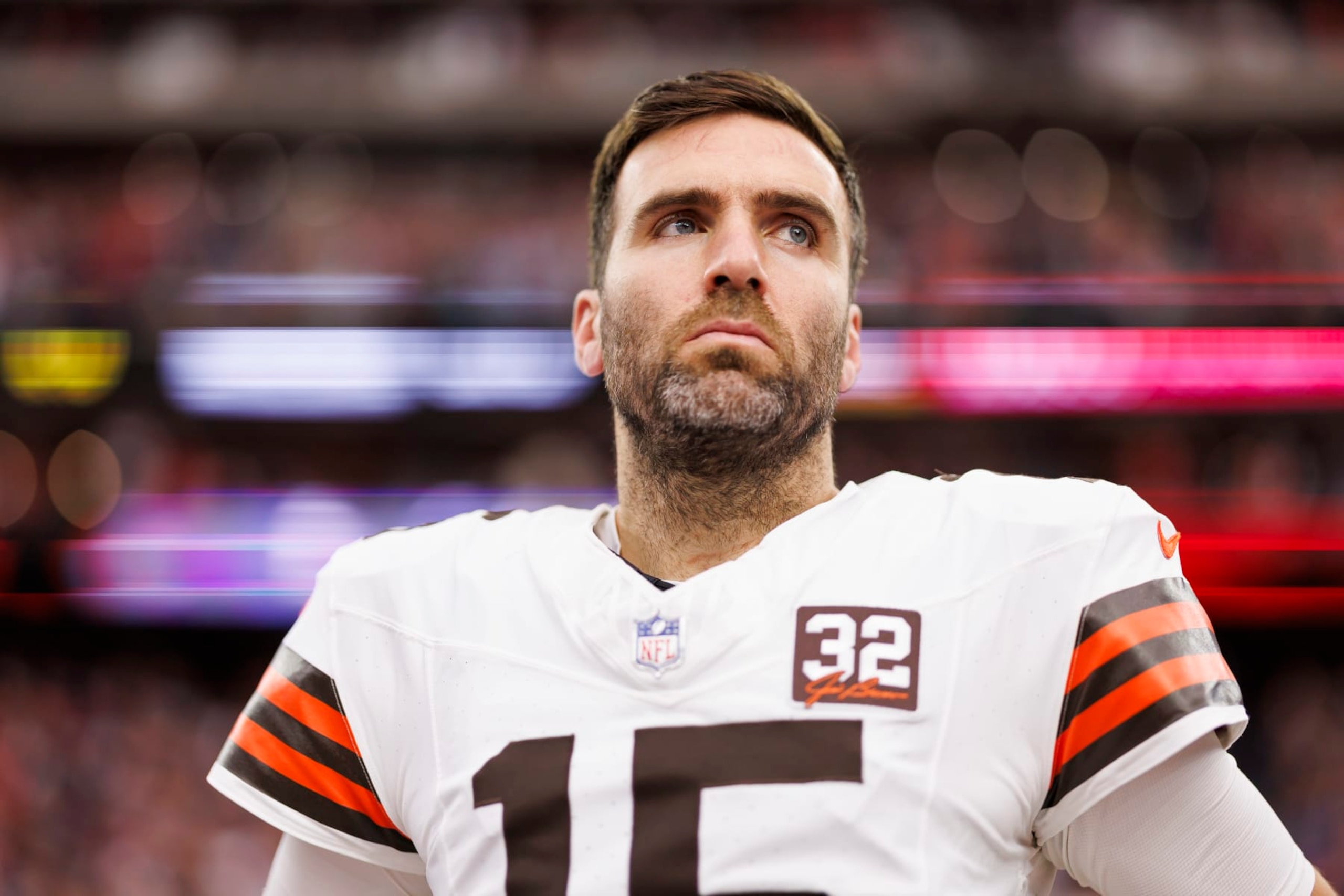 HOUSTON, TEXAS - JANUARY 13: Joe Flacco #15 of the Cleveland Browns looks on from the sideline before an AFC wild-card playoff football game against the Houston Texans at NRG Stadium on January 13, 2024 in Houston, Texas. (Photo by Ryan Kang/Getty Images)