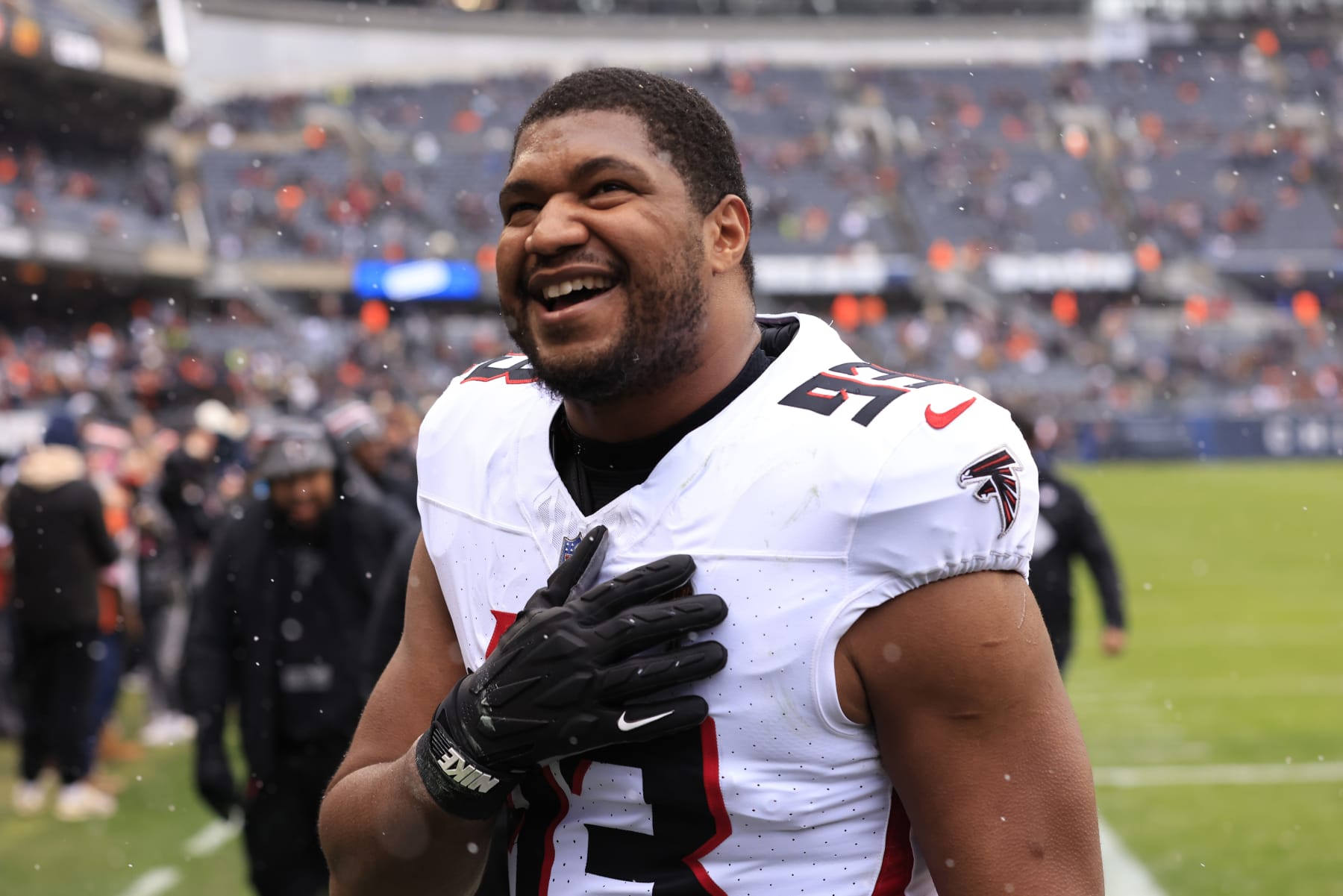 CHICAGO, ILLINOIS - DECEMBER 31: Calais Campbell #93 of the Atlanta Falcons warms up prior to the game against the Chicago Bears at Soldier Field on December 31, 2023 in Chicago, Illinois. (Photo by Justin Casterline/Getty Images)