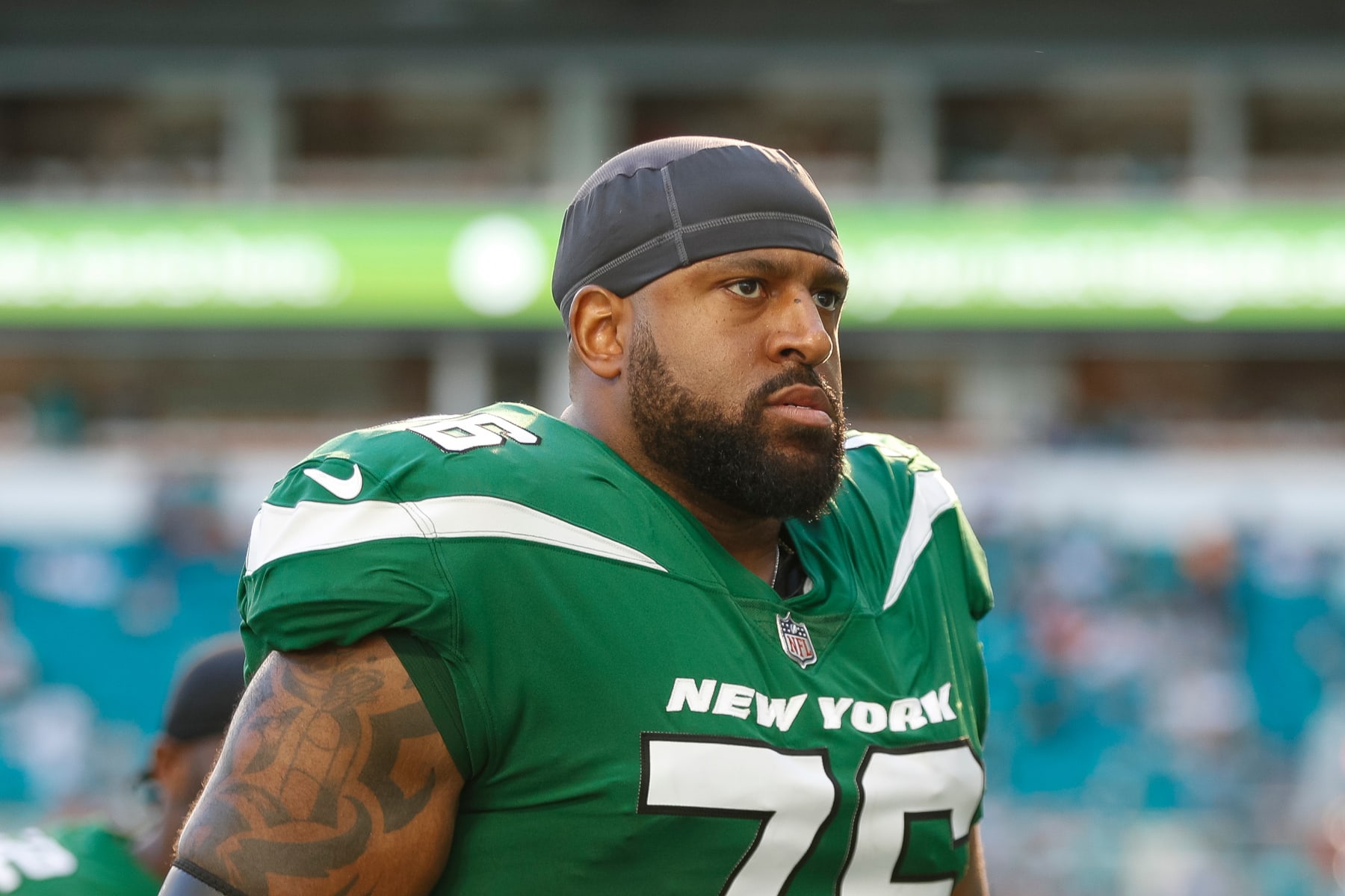 MIAMI GARDENS, FLORIDA - DECEMBER 17: Duane Brown #76 of the New York Jets looks on during a game against the Miami Dolphins at Hard Rock Stadium on December 17, 2023 in Miami Gardens, Florida. (Photo by Brandon Sloter/Image Of Sport/Getty Images)
