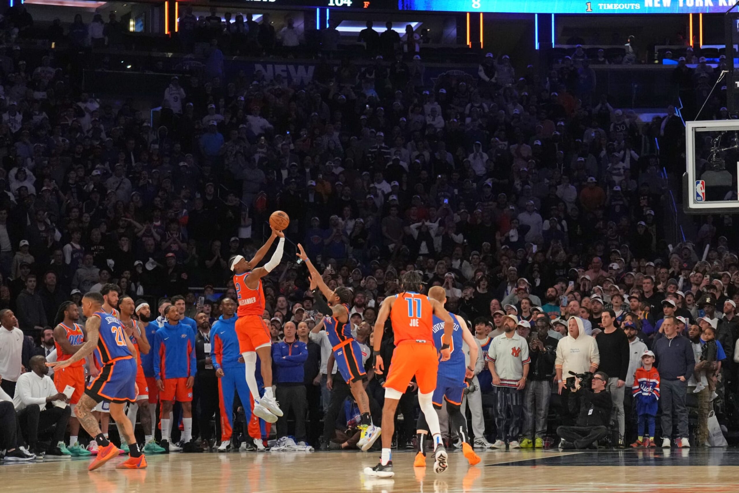 NEW YORK, NY - MARCH 31: Shai Gilgeous-Alexander #2 of the Oklahoma City Thunder scores the game winning basket during the game against the New York Knicks on March 31, 2024 at Madison Square Garden in New York City, New York.  NOTE TO USER: User expressly acknowledges and agrees that, by downloading and or using this photograph, User is consenting to the terms and conditions of the Getty Images License Agreement. Mandatory Copyright Notice: Copyright 2024 NBAE  (Photo by Jesse D. Garrabrant/NBAE via Getty Images)