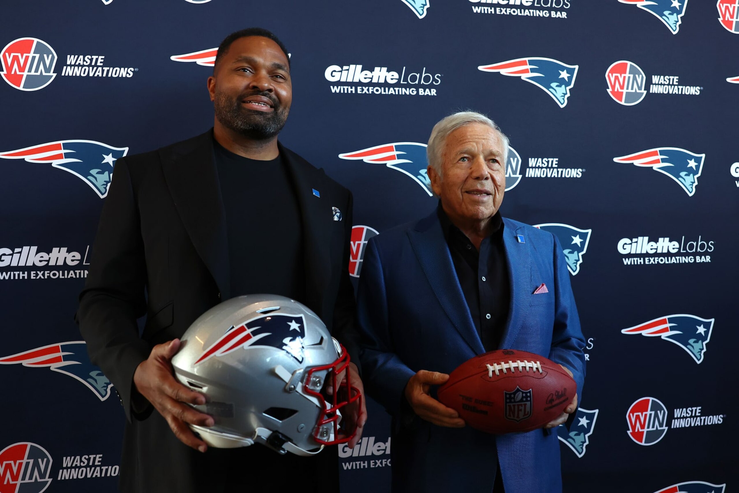 FOXBOROUGH, MASSACHUSETTS - JANUARY 17: (L-R) Newly appointed head coach Jerod Mayo and Owner Robert Kraft of the New England Patriots pose for a photo following a press conference at Gillette Stadium on January 17, 2024 in Foxborough, Massachusetts. (Photo by Maddie Meyer/Getty Images)