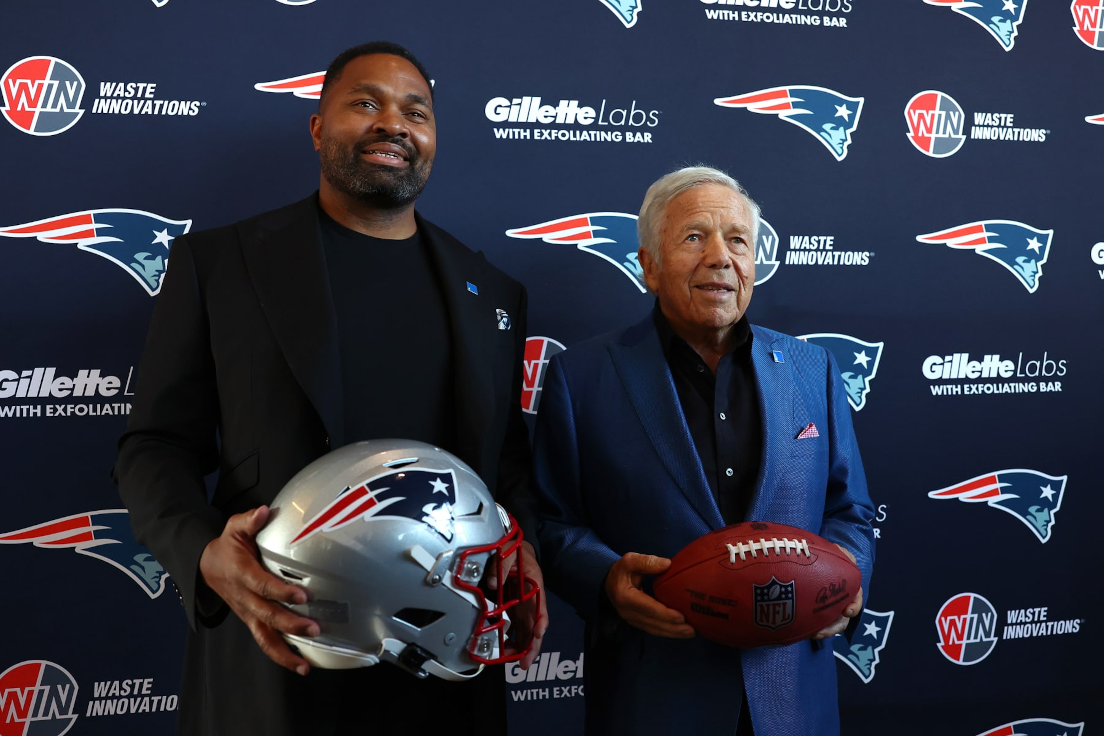 FOXBOROUGH, MASSACHUSETTS - JANUARY 17: (L-R) Newly appointed head coach Jerod Mayo and Owner Robert Kraft of the New England Patriots pose for a photo following a press conference at Gillette Stadium on January 17, 2024 in Foxborough, Massachusetts. (Photo by Maddie Meyer/Getty Images)