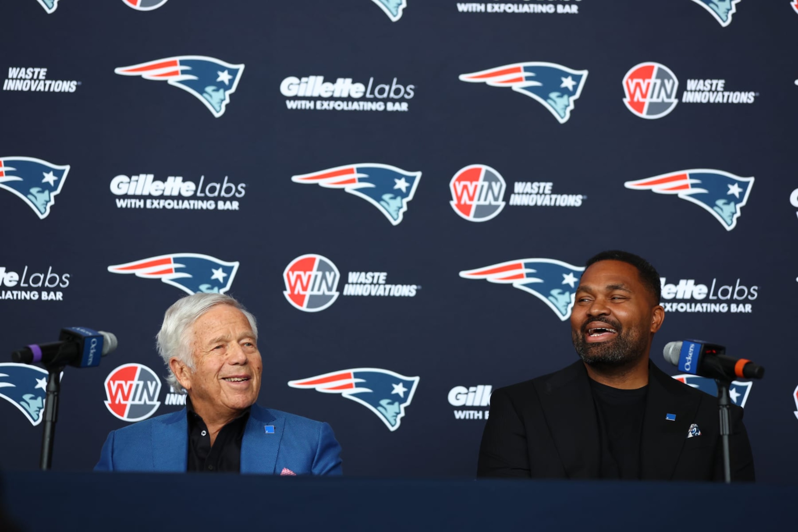 FOXBOROUGH, MASSACHUSETTS - JANUARY 17: (L-R) Owner Robert Kraft and newly appointed head coach Jerod Mayo of the New England Patriots speak to the media during a press conference at Gillette Stadium on January 17, 2024 in Foxborough, Massachusetts. (Photo by Maddie Meyer/Getty Images)