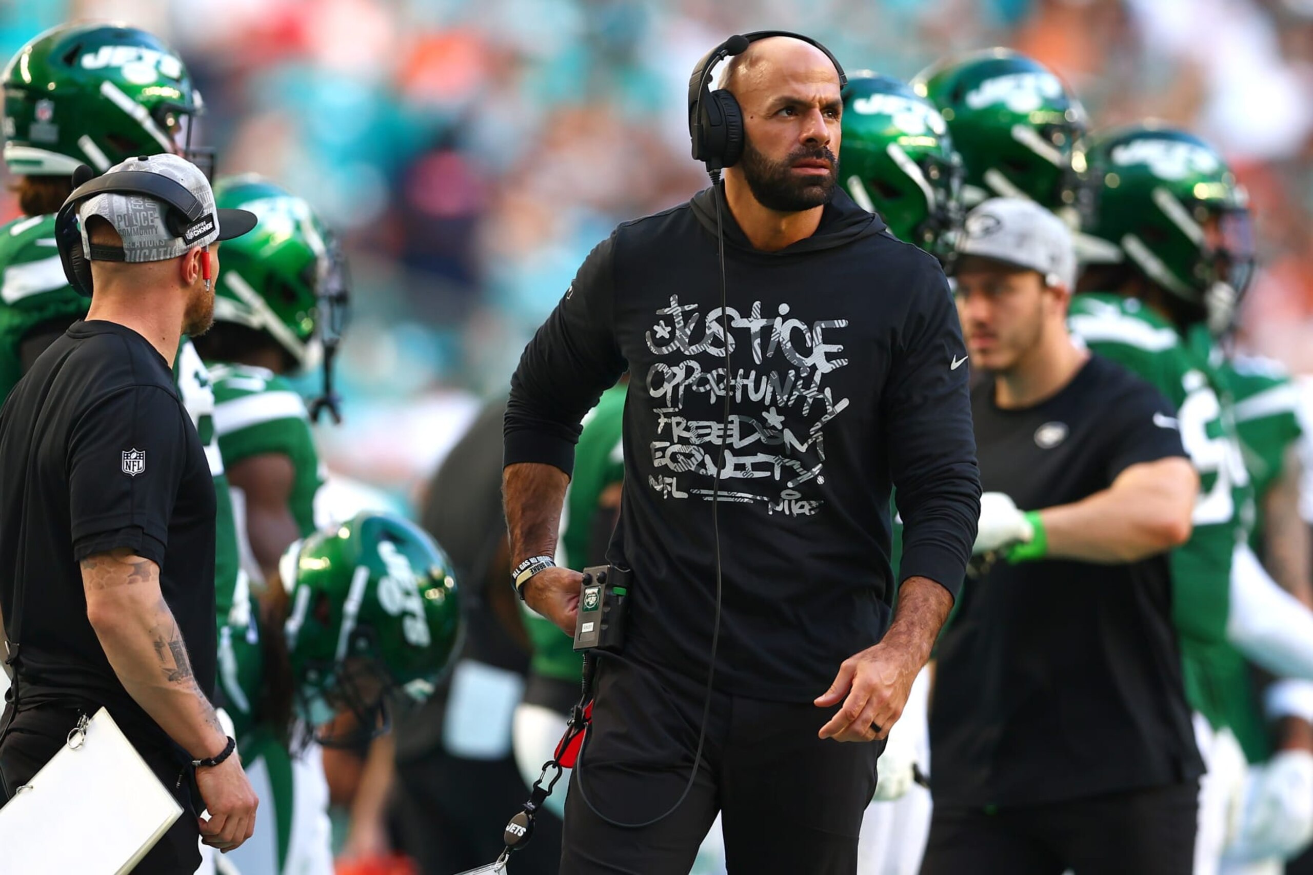 MIAMI GARDENS, FLORIDA - DECEMBER 17: Head coach Robert Saleh of the New York Jets looks on during the second half of a game against the Miami Dolphins at Hard Rock Stadium on December 17, 2023 in Miami Gardens, Florida. (Photo by Megan Briggs/Getty Images)