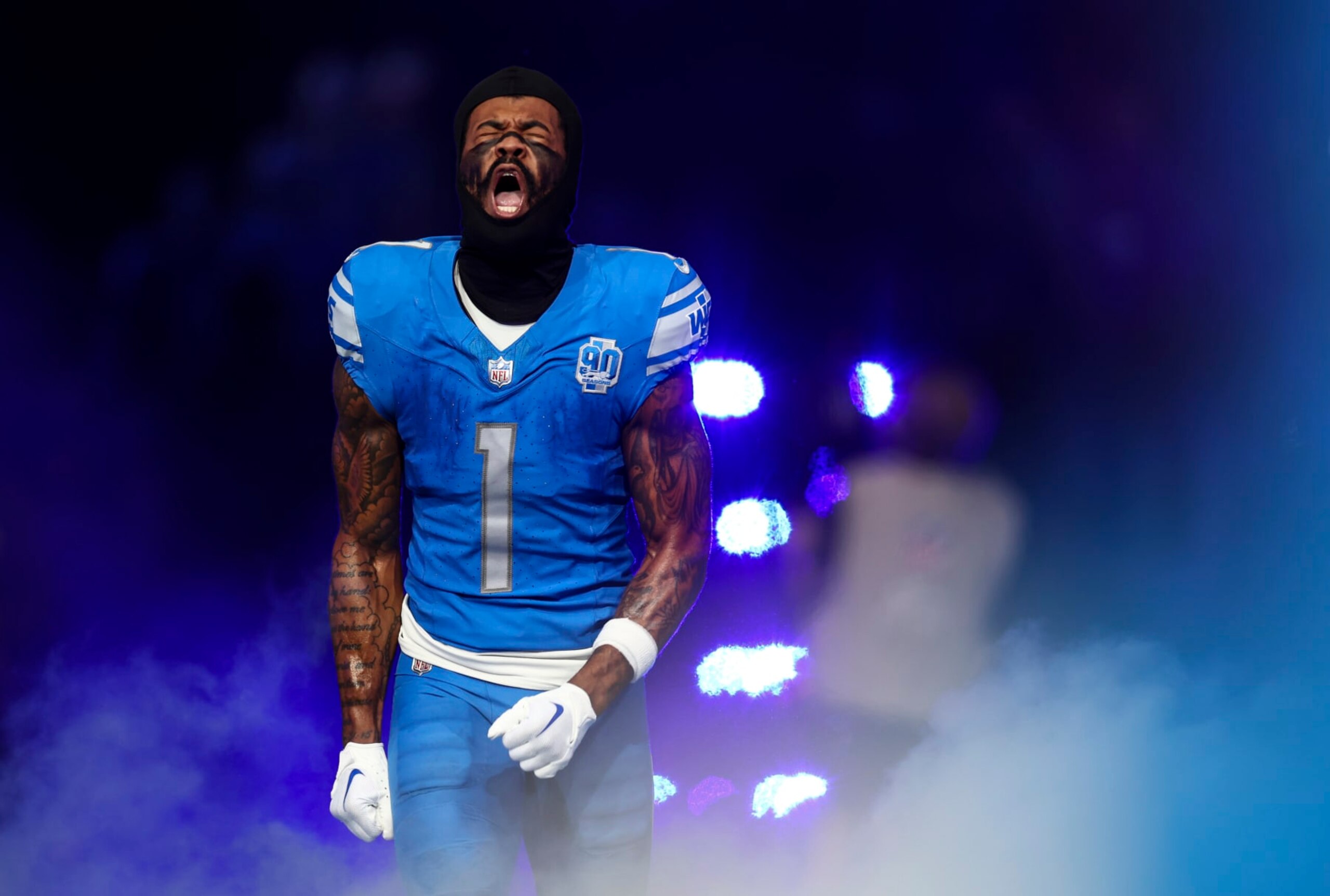 DETROIT, MI - JANUARY 21: Cameron Sutton #1 of the Detroit Lions runs onto the field prior to an NFL divisional round playoff football game against the Tampa Bay Buccaneers at Ford Field on January 21, 2024 in Detroit, Michigan. (Photo by Kevin Sabitus/Getty Images) DETROIT, MI - JANUARY 21: Cameron Sutton #1 of the Detroit Lions runs onto the field prior to an NFL divisional round playoff football game against the Tampa Bay Buccaneers at Ford Field on January 21, 2024 in Detroit, Michigan. (Photo by Kevin Sabitus/Getty Images)