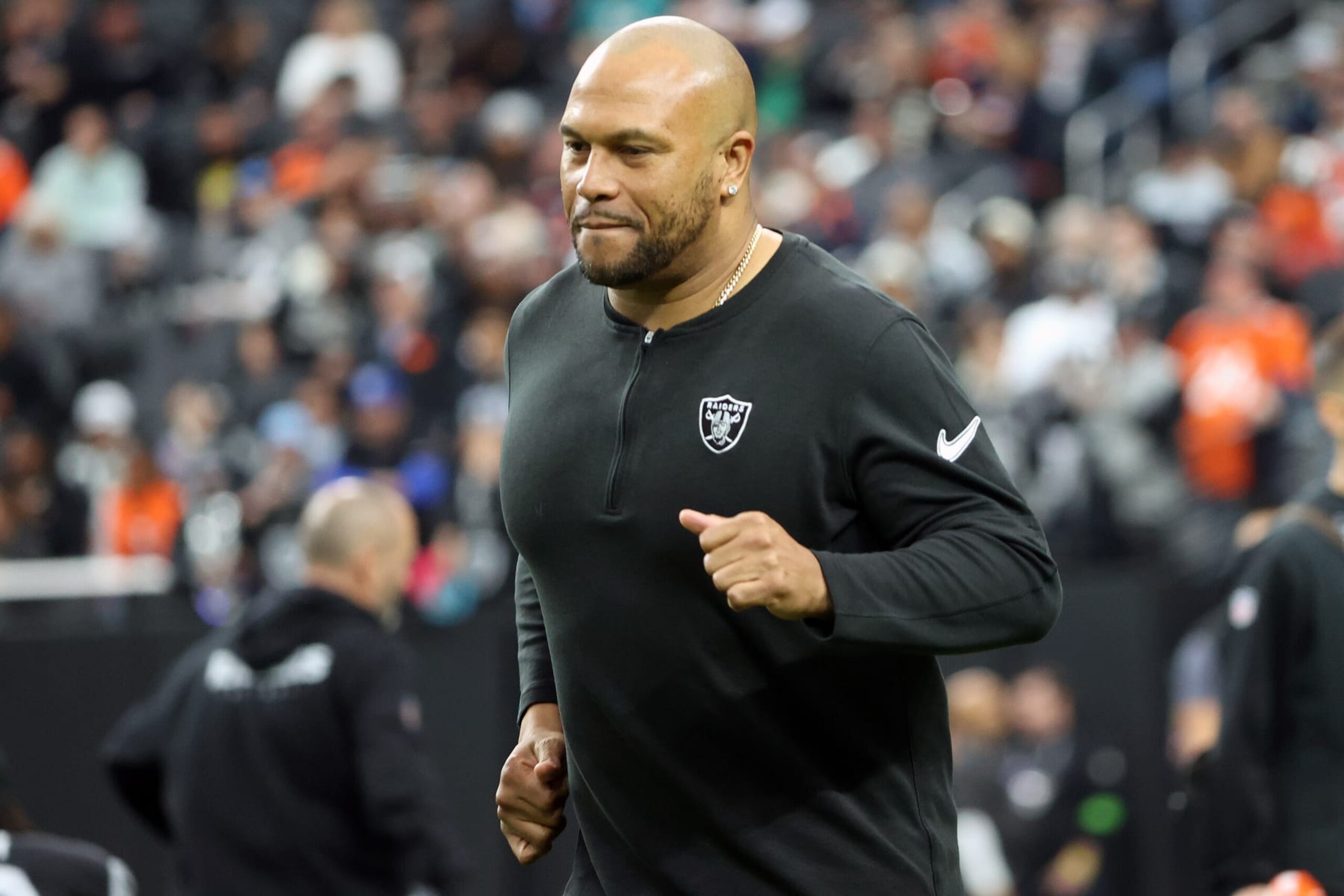 LAS VEGAS, NEVADA - JANUARY 07: Interim head coach Antonio Pierce of the Las Vegas Raiders looks on prior to the game against Denver Broncos at Allegiant Stadium on January 07, 2024 in Las Vegas, Nevada. (Photo by Ian Maule/Getty Images)