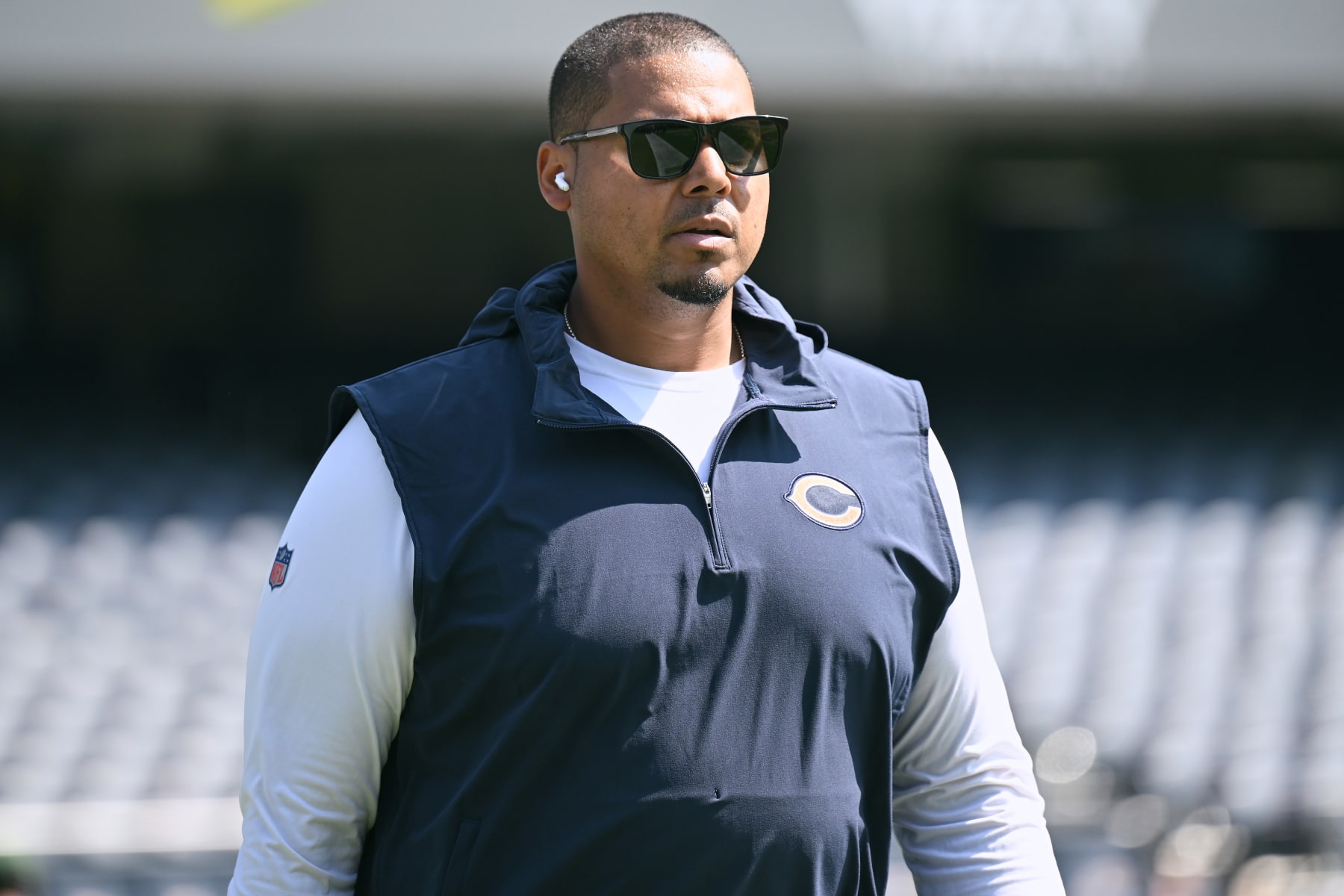 CHICAGO, ILLINOIS - SEPTEMBER 10:  General manager Ryan Poles of the Chicago Bears looks on during warmups prior to the game against the Green Bay Packers at Soldier Field on September 10, 2023 in Chicago, Illinois. (Photo by Quinn Harris/Getty Images)