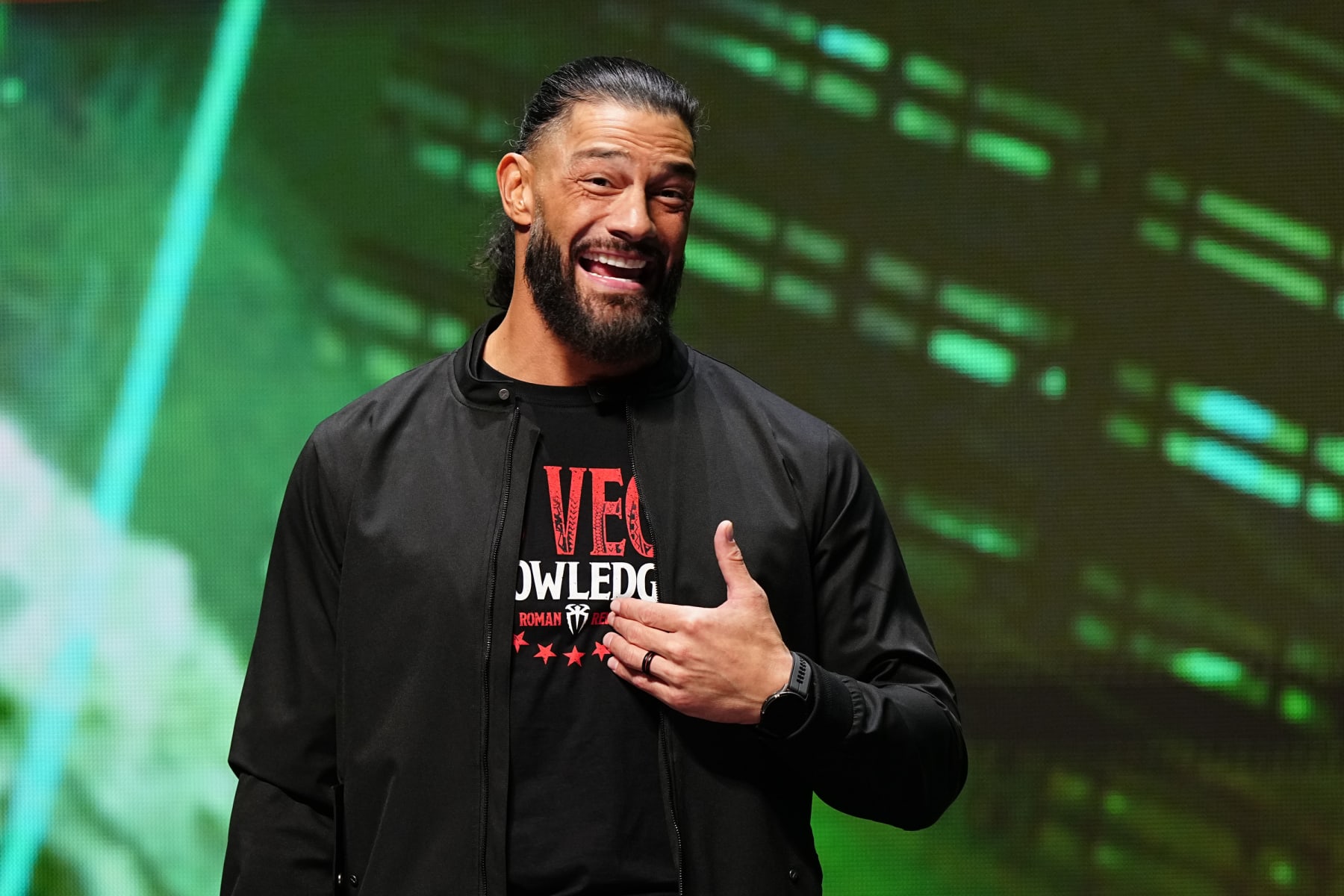 LAS VEGAS, NV - FEBRUARY 08:  Roman Reigns, WWE Undisputed Universal Champion during the WWE Wrestlemania XL Kickoff on February 08, 2024, at T-Mobile Arena in Las Vegas, NV. (Photo by Louis Grasse/PXimages/Icon Sportswire via Getty Images)