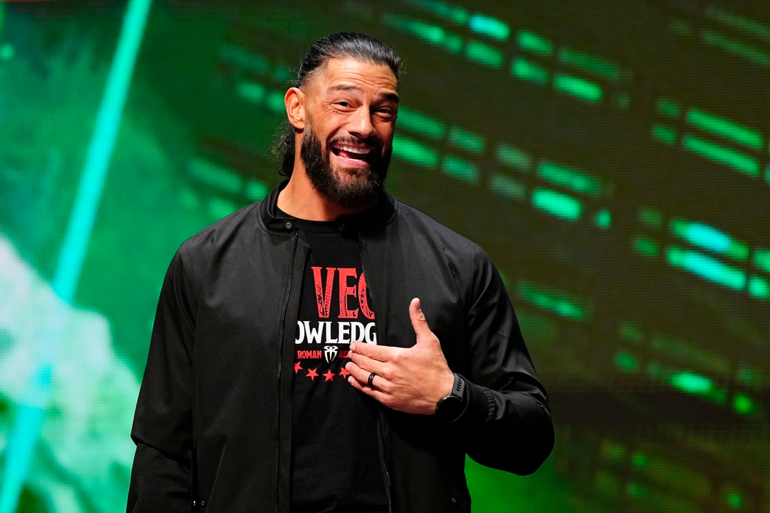 LAS VEGAS, NV - FEBRUARY 08:  Roman Reigns, WWE Undisputed Universal Champion during the WWE Wrestlemania XL Kickoff on February 08, 2024, at T-Mobile Arena in Las Vegas, NV. (Photo by Louis Grasse/PXimages/Icon Sportswire via Getty Images)