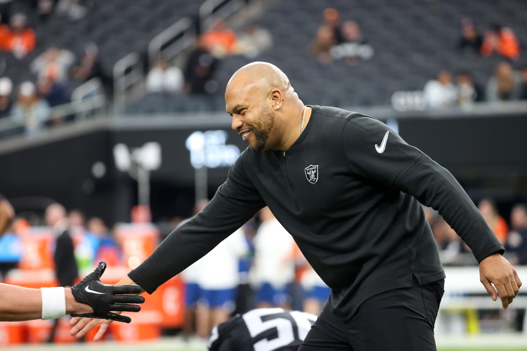 LAS VEGAS, NEVADA - JANUARY 07: Interim head coach Antonio Pierce of the Las Vegas Raiders reacts prior to the game against the Denver Broncos at Allegiant Stadium on January 07, 2024 in Las Vegas, Nevada. (Photo by Ian Maule/Getty Images)