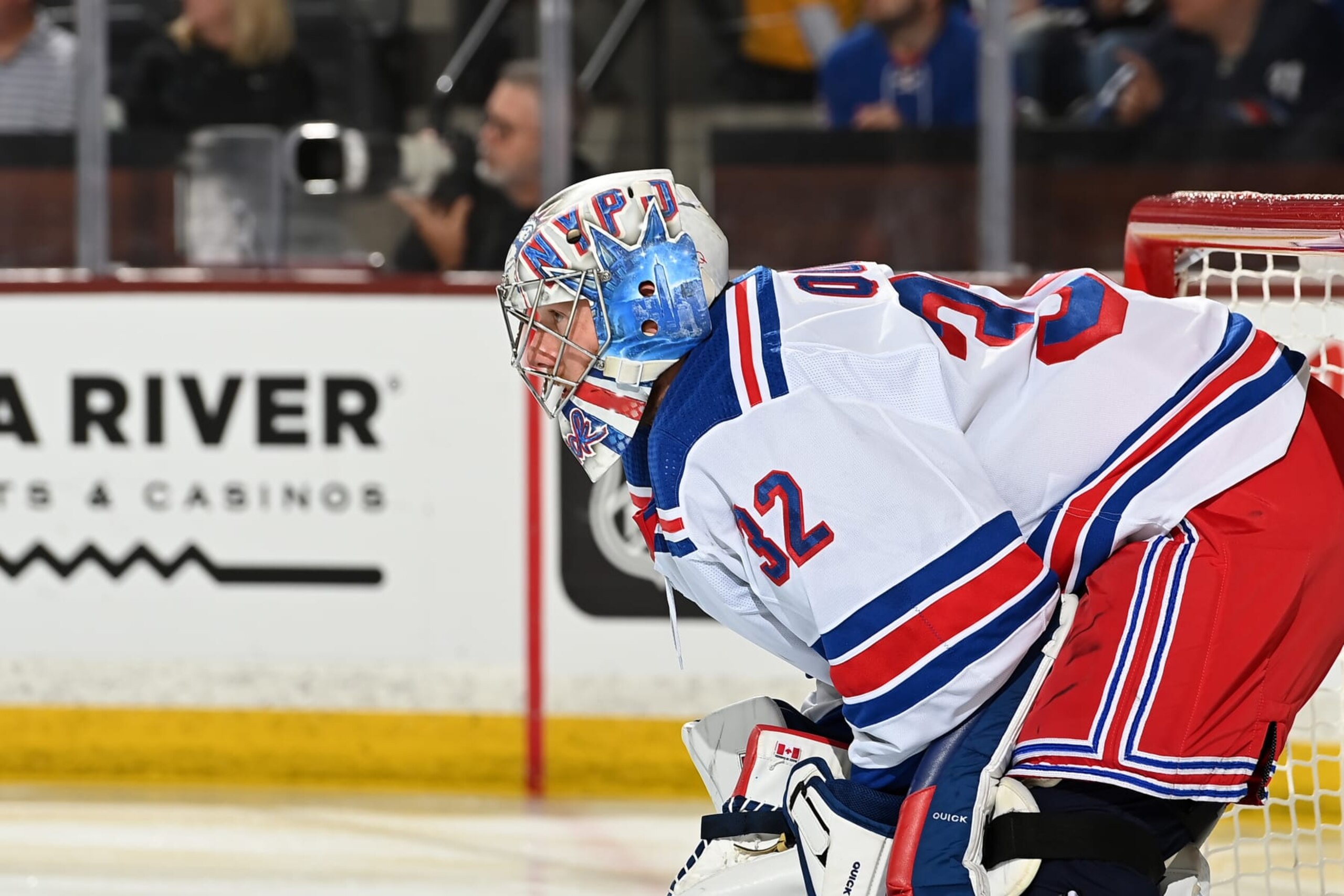 TEMPE, ARIZONA - MARCH 30: Jonathan Quick #32 of the New York Rangers gets ready to make a save against the Arizona Coyotes at Mullett Arena on March 30, 2024 in Tempe, Arizona. (Photo by Norm Hall/NHLI via Getty Images)