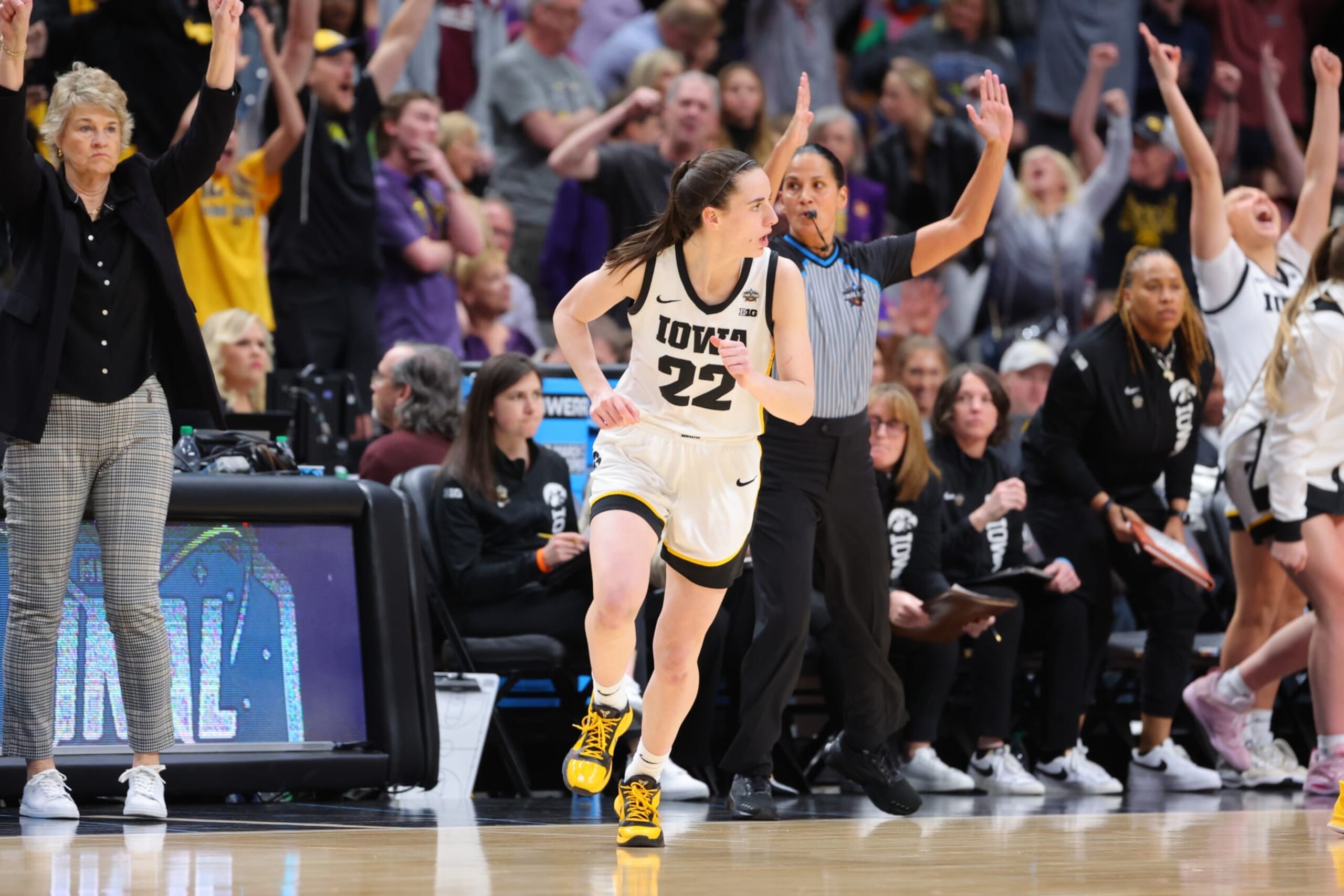 DALLAS, TX - APRIL 02: Caitlin Clark #22 of the Iowa Hawkeyes looks on after a three-point basket against the LSU Lady Tigers during the 2023 NCAA Women's Basketball Tournament National Championship at American Airlines Center on April 2, 2023 in Dallas, Texas. (Photo by C. Morgan Engel/NCAA Photos via Getty Images)