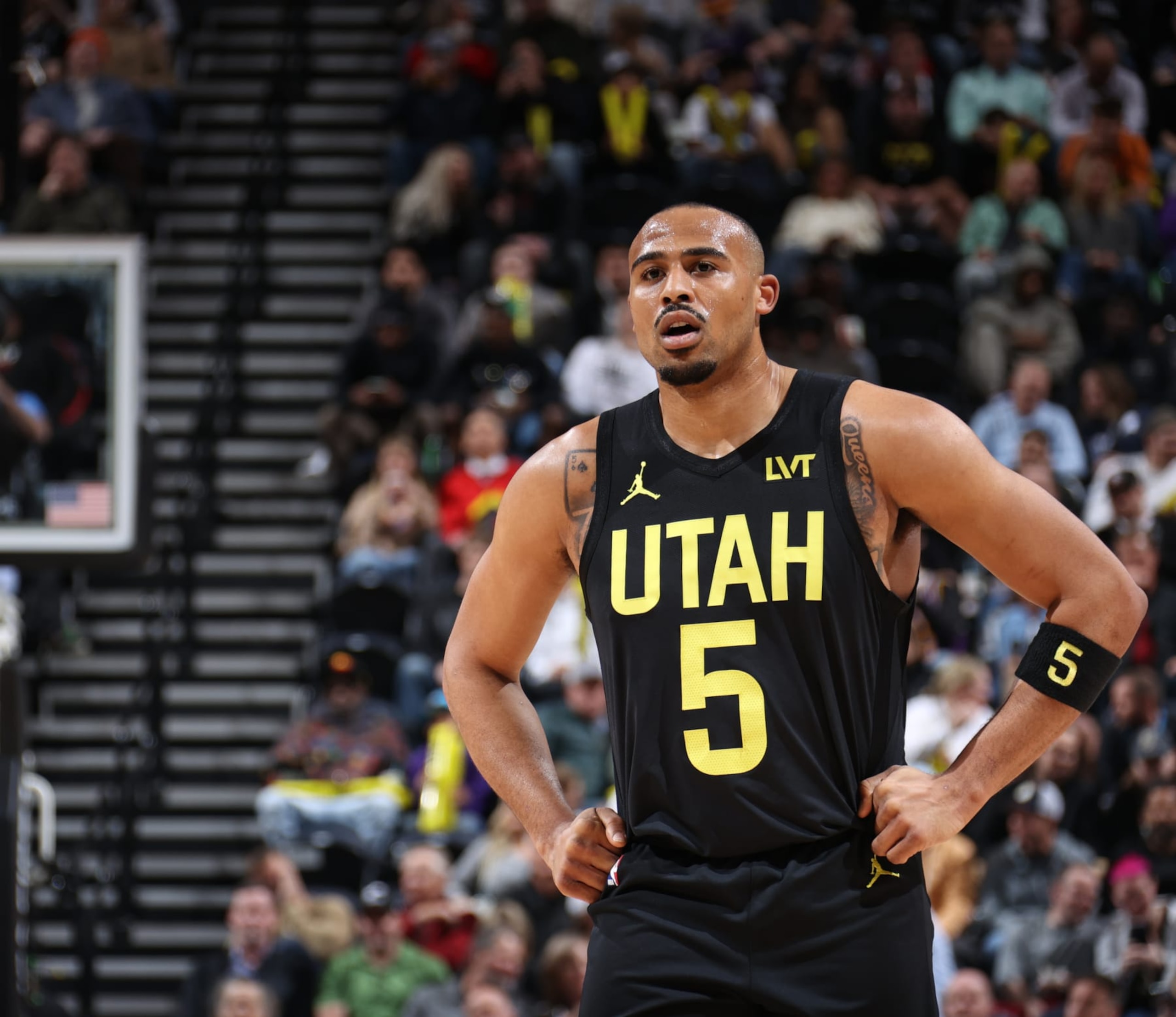 SALT LAKE CITY, UT - MARCH 27: Talen Horton-Tucker #5 of the Utah Jazz looks on during the game against the San Antonio Spurs on March 27, 2024 at Delta Center in Salt Lake City, Utah. NOTE TO USER: User expressly acknowledges and agrees that, by downloading and or using this Photograph, User is consenting to the terms and conditions of the Getty Images License Agreement. Mandatory Copyright Notice: Copyright 2024 NBAE (Photo by Melissa Majchrzak/NBAE via Getty Images) SALT LAKE CITY, UT - MARCH 27: Talen Horton-Tucker #5 of the Utah Jazz looks on during the game against the San Antonio Spurs on March 27, 2024 at Delta Center in Salt Lake City, Utah. NOTE TO USER: User expressly acknowledges and agrees that, by downloading and or using this Photograph, User is consenting to the terms and conditions of the Getty Images License Agreement. Mandatory Copyright Notice: Copyright 2024 NBAE (Photo by Melissa Majchrzak/NBAE via Getty Images)