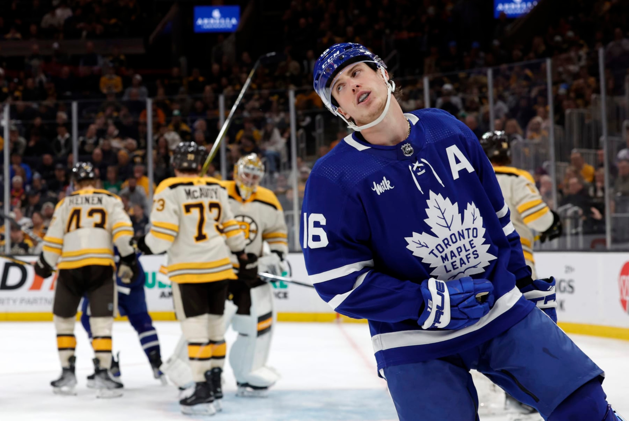 BOSTON, MA - MARCH 07: Toronto Maple Leafs right wing Mitchell Marner (16) reacts to a missed opportunity during a game between the Boston Bruins and the Toronto Maple Leafs on March 7, 2024, at TD Garden in Boston, Massachusetts. (Photo by Fred Kfoury III/Icon Sportswire via Getty Images)