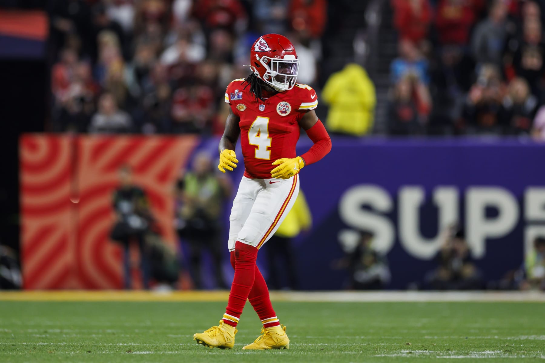 LAS VEGAS, NEVADA - FEBRUARY 11: Rashee Rice #4 of the Kansas City Chiefs lines up to run a route during Super Bowl LVIII against the San Francisco 49ers at Allegiant Stadium on February 11, 2024 in Las Vegas, Nevada. (Photo by Ryan Kang/Getty Images)
