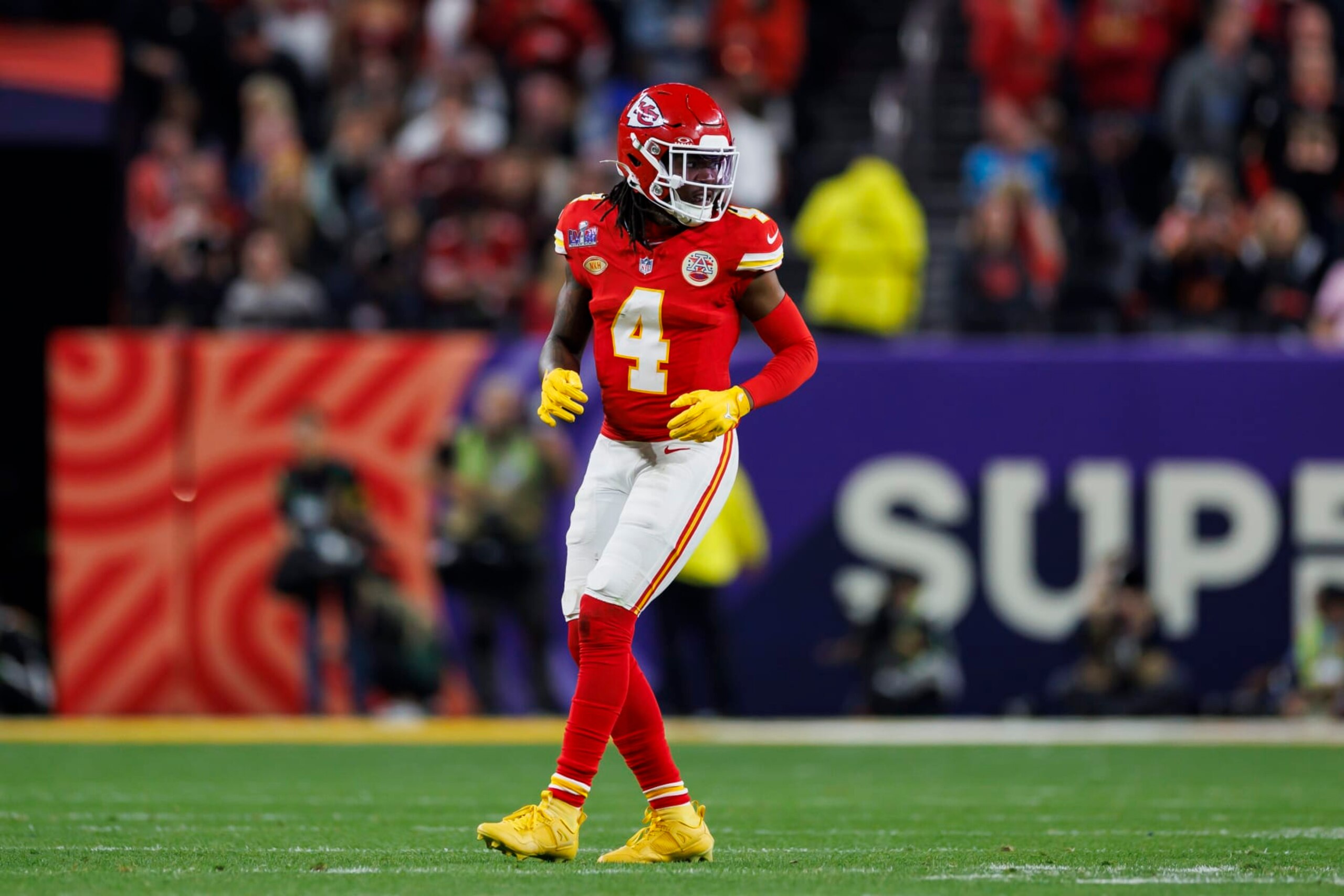LAS VEGAS, NEVADA - FEBRUARY 11: Rashee Rice #4 of the Kansas City Chiefs lines up to run a route during Super Bowl LVIII against the San Francisco 49ers at Allegiant Stadium on February 11, 2024 in Las Vegas, Nevada. (Photo by Ryan Kang/Getty Images)