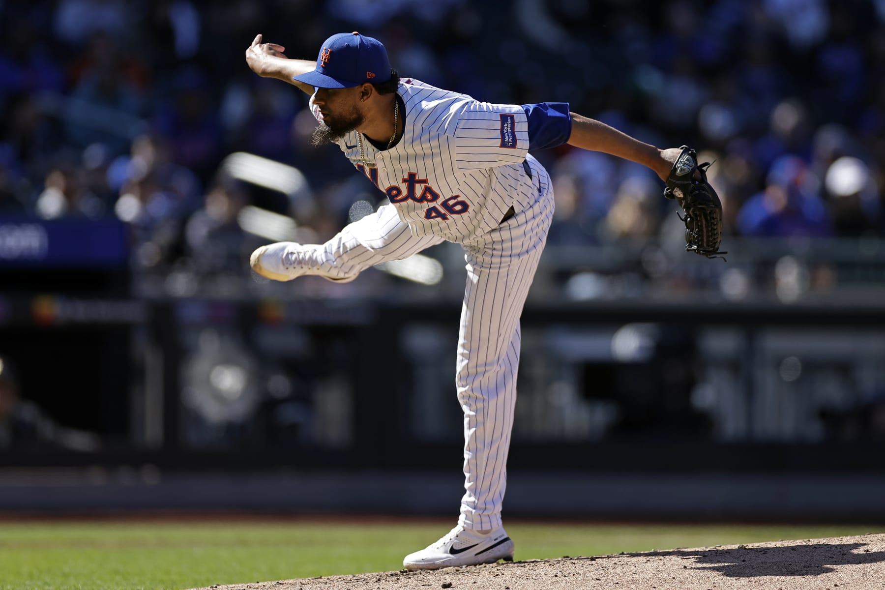 NEW YORK, NY - MARCH 31: Yohan Ramirez #46 of the New York Mets pitches against the Milwaukee Brewers during the fifth inning at Citi Field on March 31, 2024 in New York City. (Photo by Adam Hunger/Getty Images)