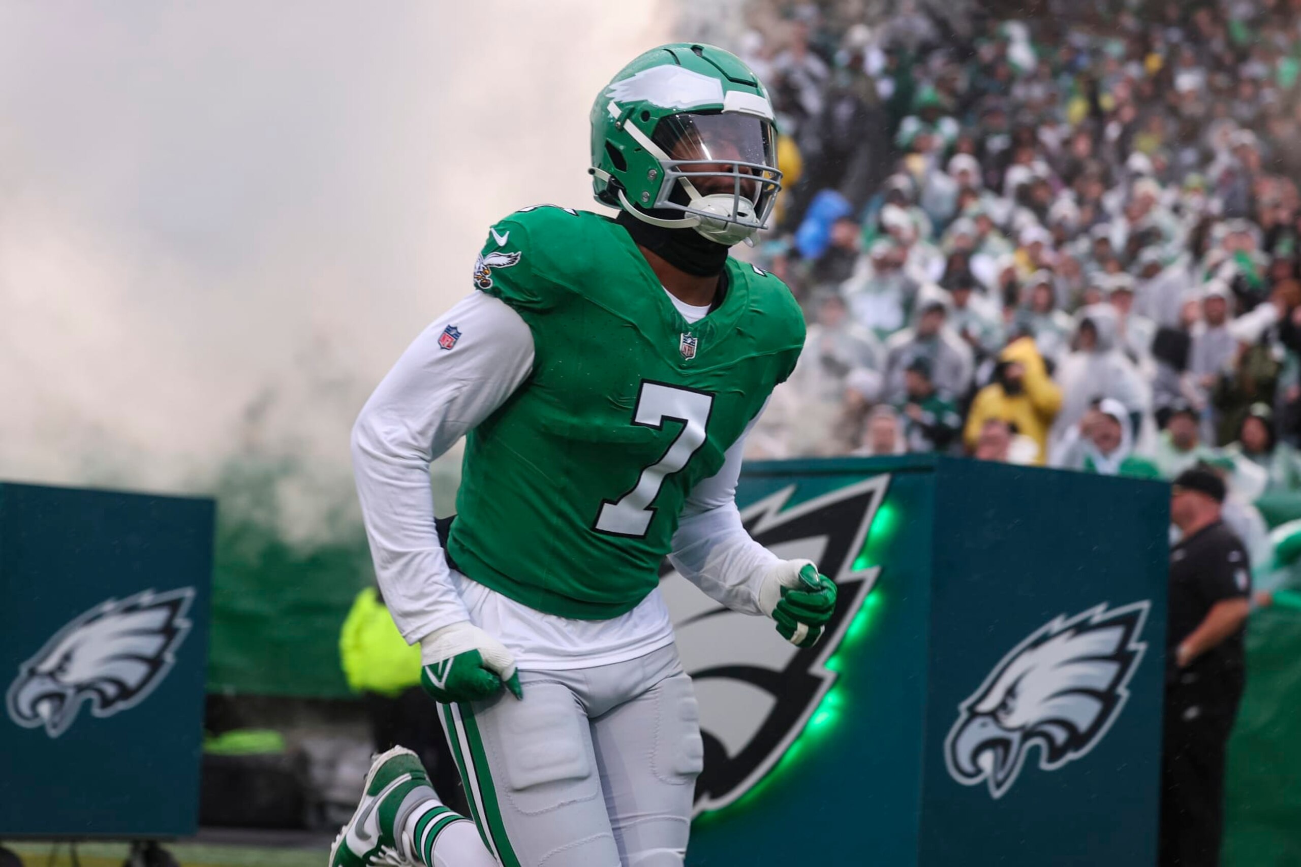 PHILADELPHIA, PA - NOVEMBER 26: Haason Reddick #7 of the Philadelphia Eagles runs out of the tunnel prior to an NFL football game against the Buffalo Bills at Lincoln Financial Field on November 26, 2023 in Philadelphia, Pennsylvania. (Photo by Perry Knotts/Getty Images) PHILADELPHIA, PA - NOVEMBER 26: Haason Reddick #7 of the Philadelphia Eagles runs out of the tunnel prior to an NFL football game against the Buffalo Bills at Lincoln Financial Field on November 26, 2023 in Philadelphia, Pennsylvania. (Photo by Perry Knotts/Getty Images)