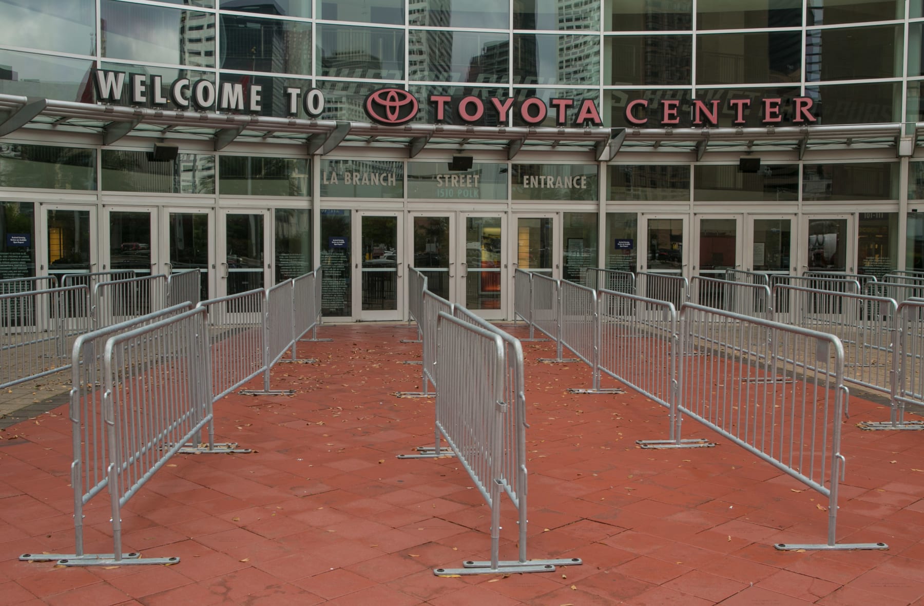 HOUSTON, TX - FEBRUARY 29:  The entrance to the Toyota Center Arena, home to the Houston Rockets, is viewed on February 29, 2016 in Houston, TX.  Despite the plunge in oil prices, Houston, the corporate energy capital of the U.S., is adding millions of square feet to its convention center and constructing dozens of new highrise office buildings and condominiums. (Photo by George Rose/Getty Images)