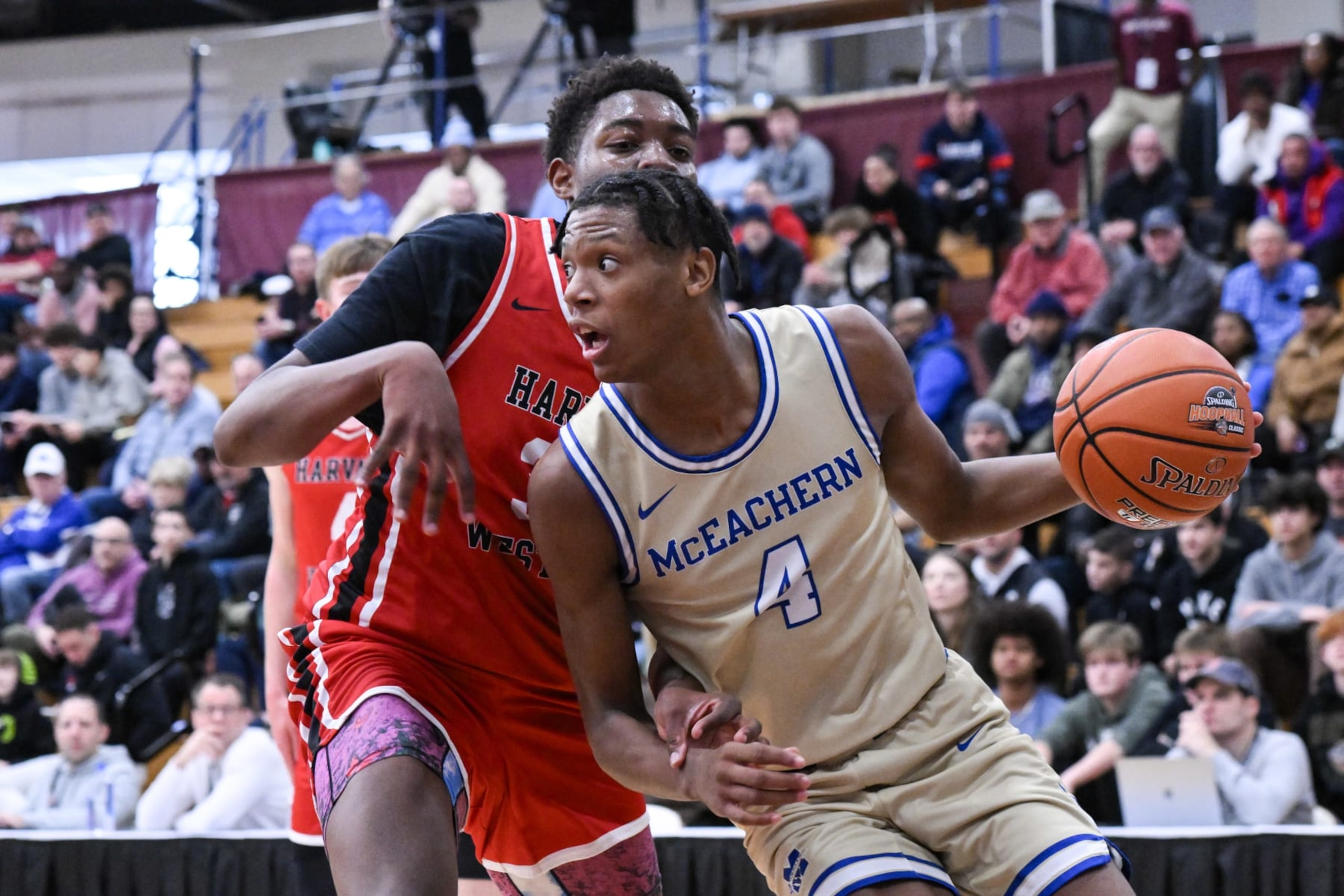 SPRINGFIELD, MA - JANUARY 15: Airious "Ace" Bailey of McEachern (4) drives to the basket as Dominique Bentho of Harvard Westlake (30) defends during the first half of the Spalding Hoophall Classic high school basketball game between Harvard-Westlake and McEachern on January 15, 2024 at Blake Arena in Springfield, MA (Photo by John Jones/Icon Sportswire via Getty Images)