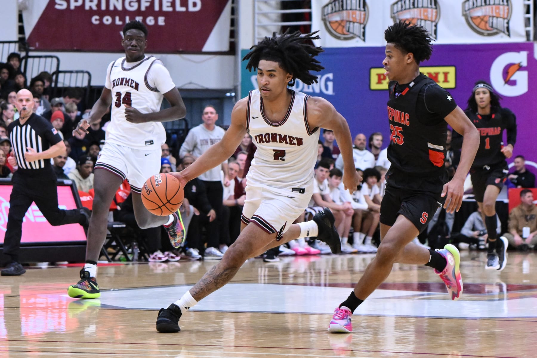 SPRINGFIELD, MA - JANUARY 14: Dylan Harper of Don Bosco (2) drives to the basket while being defended by Jasiah Jervis of Archbishop Stepinac (25) during the first half of the Spalding Hoophall Classic high school basketball game between Don Bosco Prep and Archbishop Stepinac on January 14, 2024 at Blake Arena in Springfield, MA (Photo by John Jones/Icon Sportswire via Getty Images)