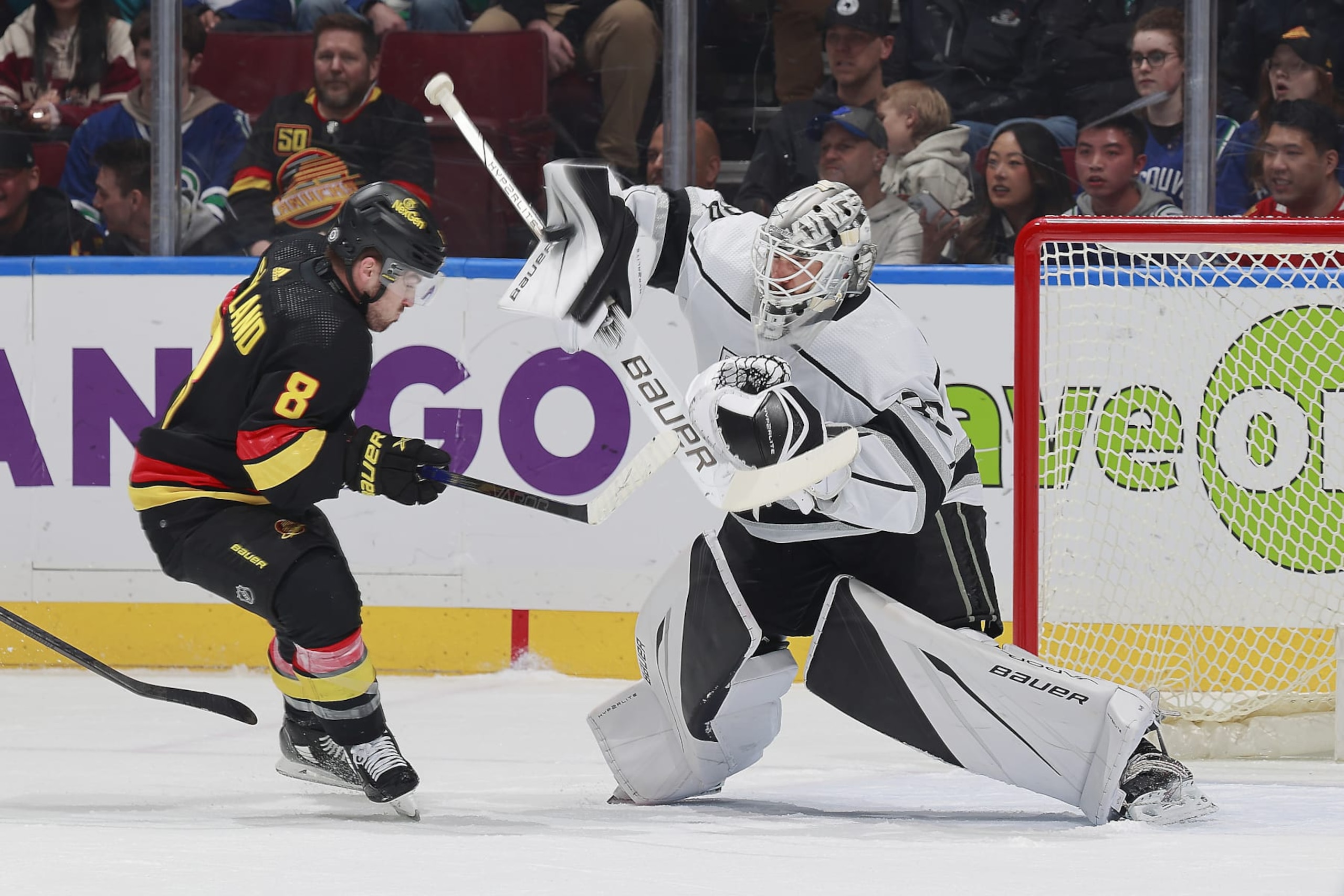 VANCOUVER, CANADA - MARCH 25: Conor Garland #8 of the Vancouver Canucks looks on as Cam Talbot #39 of the Los Angeles Kings makes a save during their NHL game at Rogers Arena on March 25, 2024 in Vancouver, British Columbia, Canada.  (Photo by Jeff Vinnick/NHLI via Getty Images)