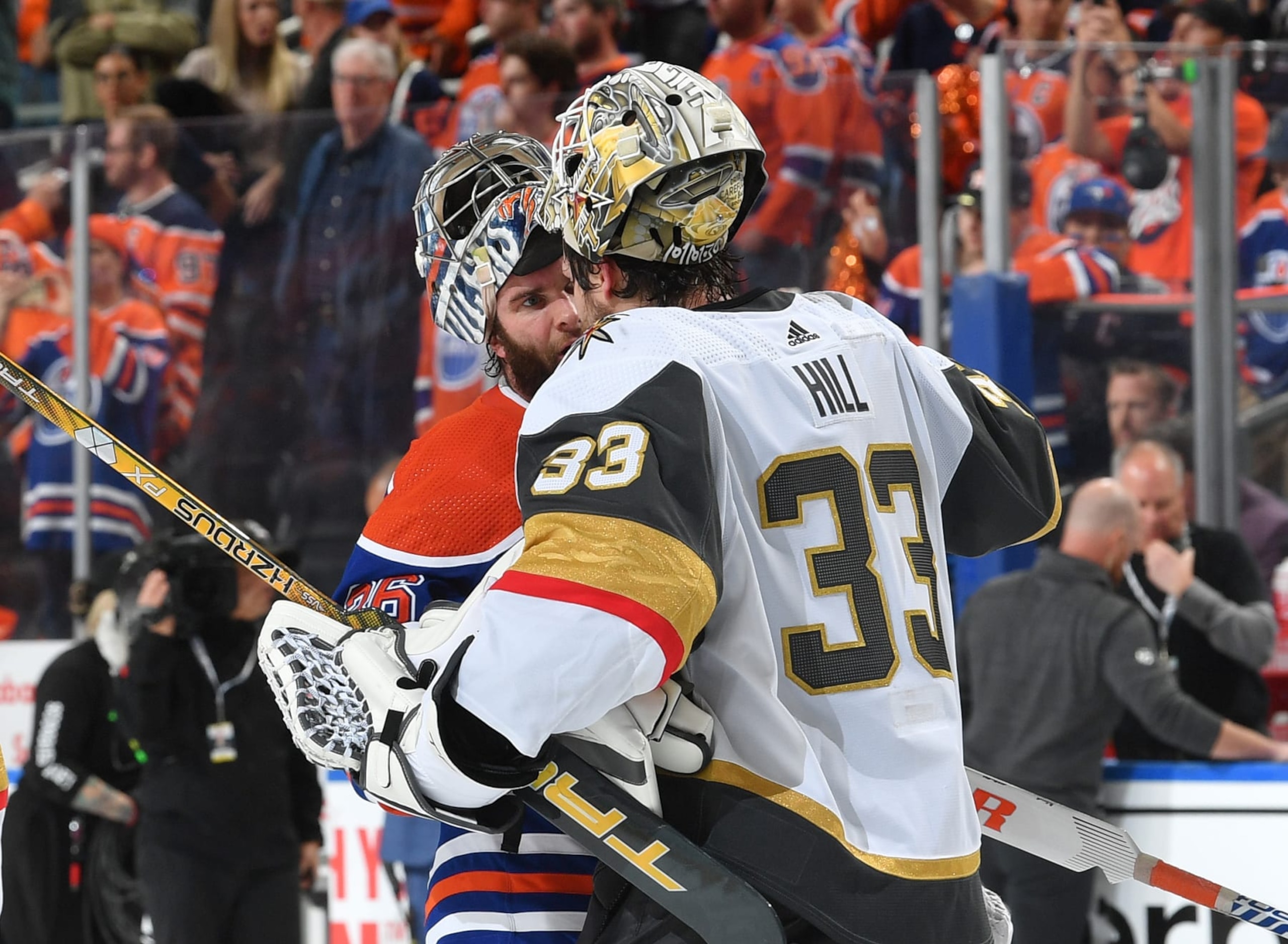EDMONTON, CANADA - MAY 14 Jack Campbell #36 of the Edmonton Oilers shakes hands with Adin Hill #33 of the Vegas Golden Knights after Game Six of the Second Round of the 2023 Stanley Cup Playoffs at Rogers Place on May 14, 2023, in Edmonton, Alberta, Canada. (Photo by Andy Devlin/NHLI via Getty Images)