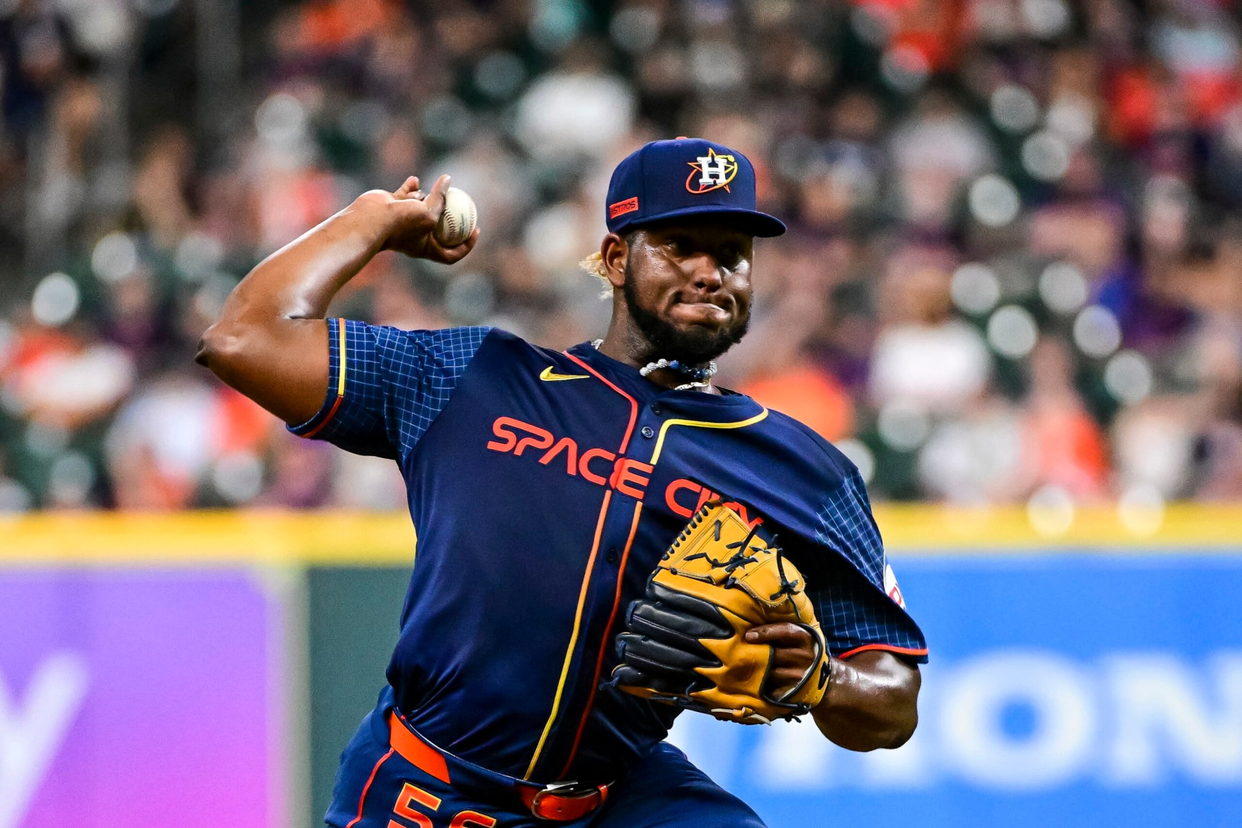 HOUSTON, TEXAS - APRIL 01: Ronel Blanco #56 of the Houston Astros pitches in the first inning against the Toronto Blue Jays at Minute Maid Park on April 01, 2024 in Houston, Texas. (Photo by Logan Riely/Getty Images) HOUSTON, TEXAS - APRIL 01: Ronel Blanco #56 of the Houston Astros pitches in the first inning against the Toronto Blue Jays at Minute Maid Park on April 01, 2024 in Houston, Texas. (Photo by Logan Riely/Getty Images)