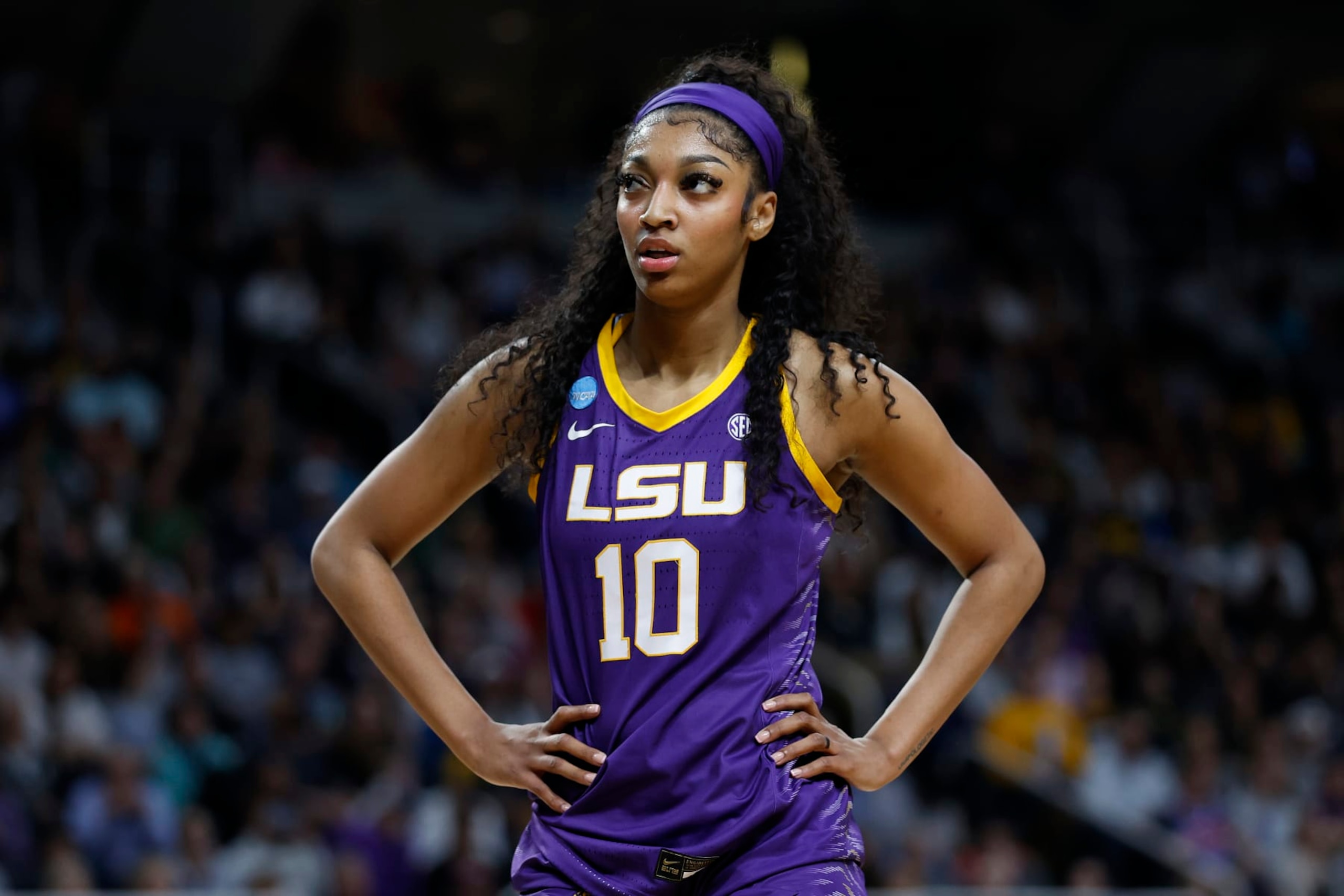 ALBANY, NEW YORK - APRIL 01: Angel Reese #10 of the LSU Tigers looks on during the first half against the Iowa Hawkeyes in the Elite 8 round of the NCAA Women's Basketball Tournament at MVP Arena on April 01, 2024 in Albany, New York. (Photo by Sarah Stier/Getty Images) ALBANY, NEW YORK - APRIL 01: Angel Reese #10 of the LSU Tigers looks on during the first half against the Iowa Hawkeyes in the Elite 8 round of the NCAA Women's Basketball Tournament at MVP Arena on April 01, 2024 in Albany, New York. (Photo by Sarah Stier/Getty Images)