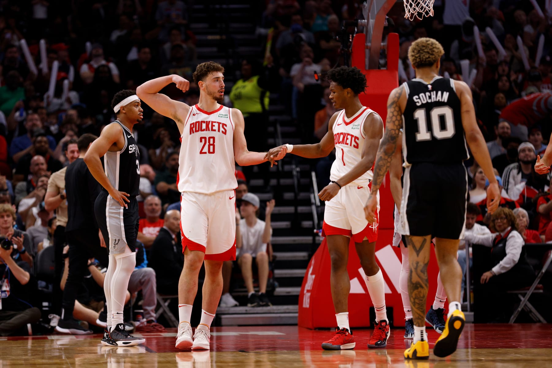 HOUSTON, TEXAS - MARCH 05: Alperen Sengun #28 of the Houston Rockets reacts in the second half against the San Antonio Spurs at Toyota Center on March 05, 2024 in Houston, Texas.  NOTE TO USER: User expressly acknowledges and agrees that, by downloading and or using this photograph, User is consenting to the terms and conditions of the Getty Images License Agreement. (Photo by Tim Warner/Getty Images)