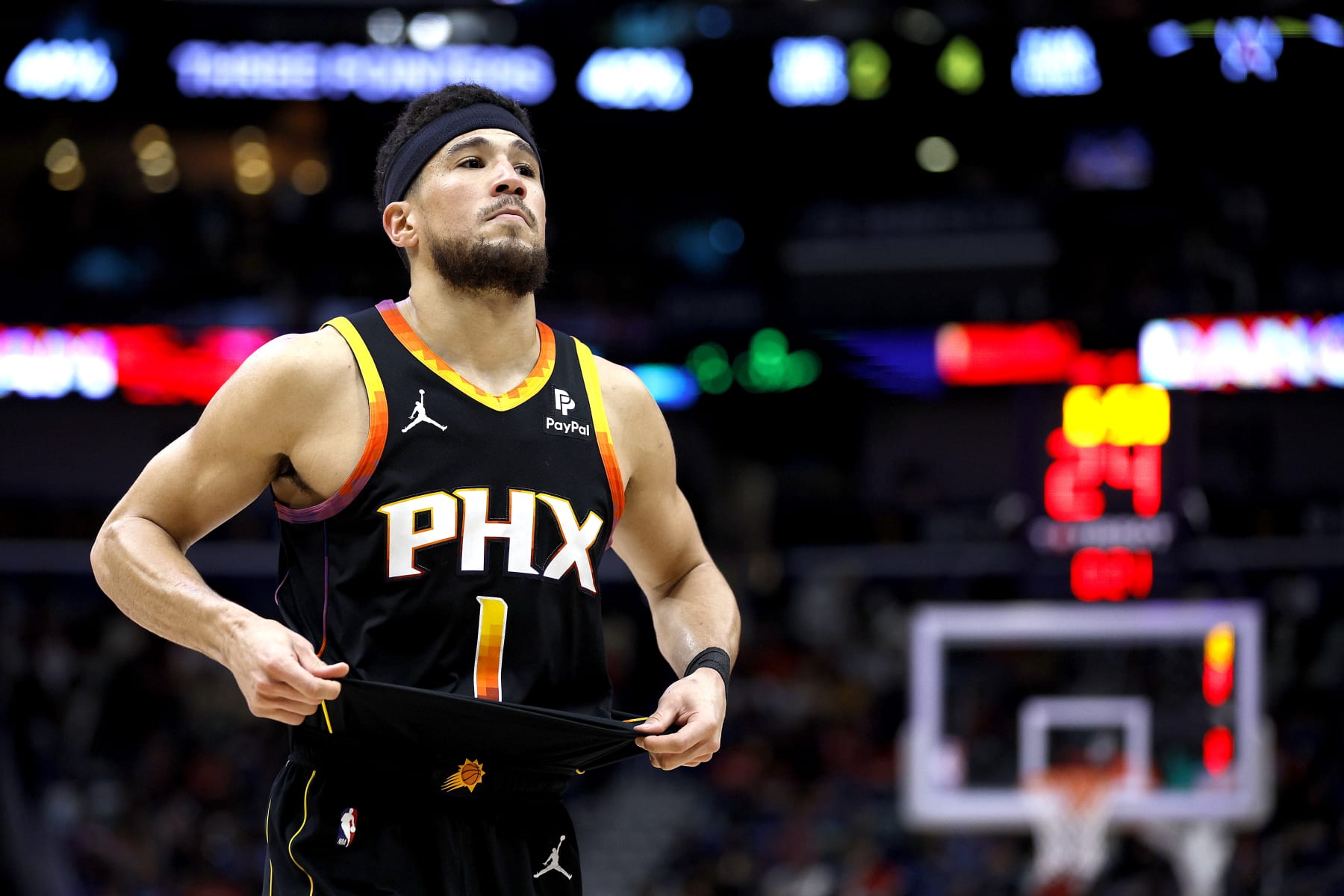 NEW ORLEANS, LOUISIANA - APRIL 01: Devin Booker #1 of the Phoenix Suns stands on the court during the fourth quarter of an NBA game against the New Orleans Pelicans at Smoothie King Center on April 01, 2024 in New Orleans, Louisiana. NOTE TO USER: User expressly acknowledges and agrees that, by downloading and or using this photograph, User is consenting to the terms and conditions of the Getty Images License Agreement. (Photo by Sean Gardner/Getty Images)