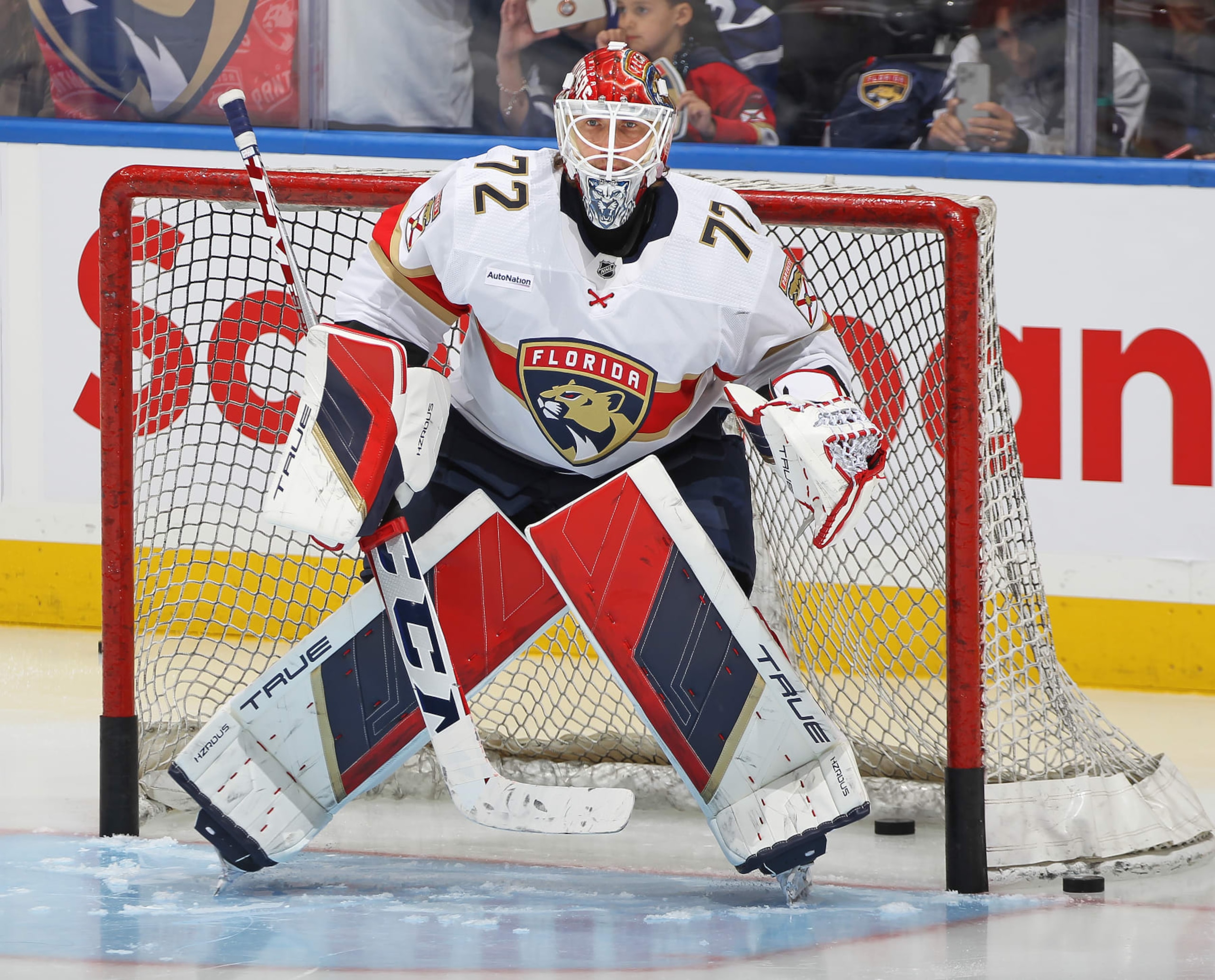TORONTO, CANADA - APRIL 01: Sergei Bobrovsky #72 of the Florida Panthers warms up prior to playing against the Toronto Maple Leafs in an NHL game at Scotiabank Arena on April 1, 2024 in Toronto, Ontario, Canada. (Photo by Claus Andersen/Getty Images)