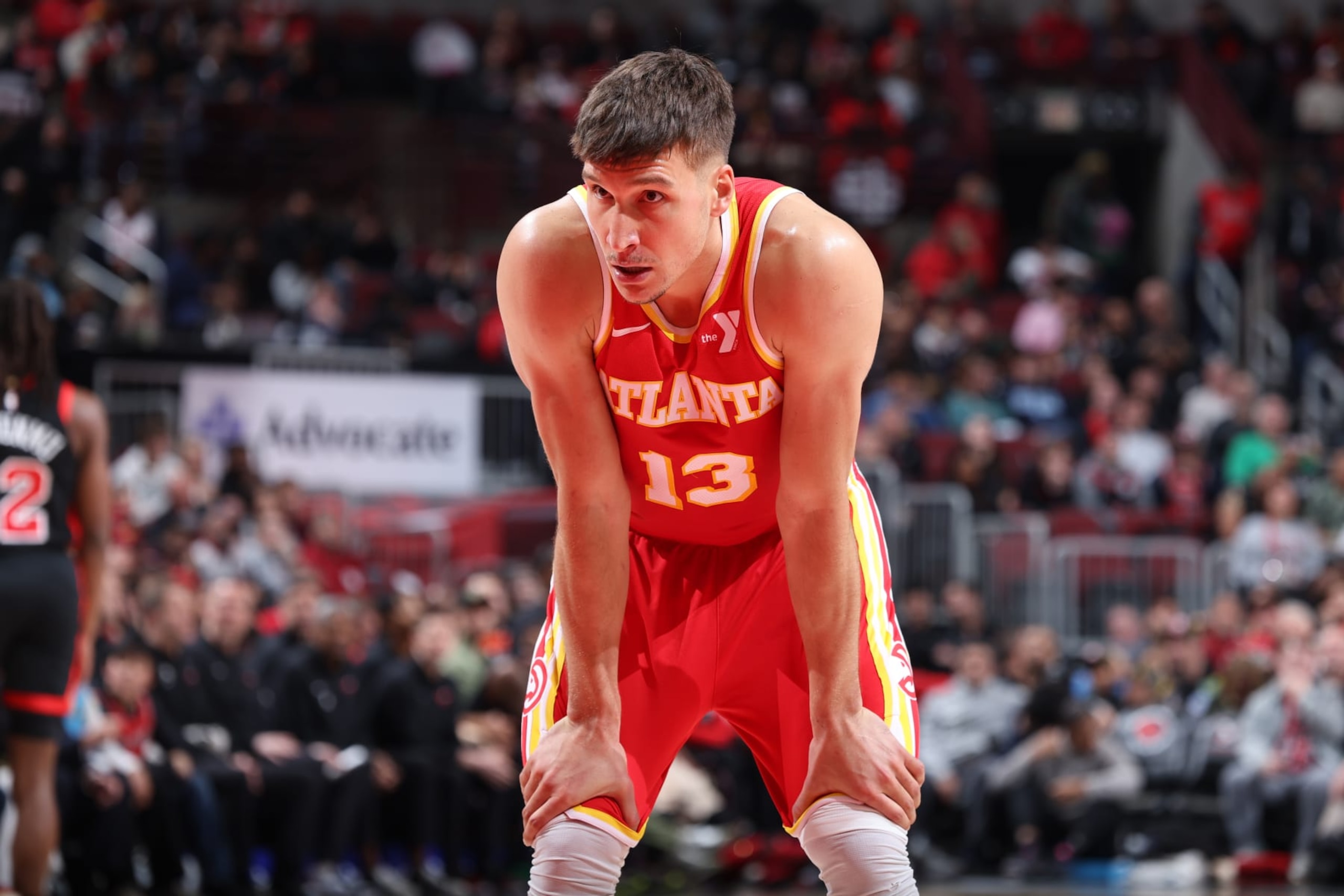CHICAGO, IL - APRIL 1: Bogdan Bogdanovic #13 of the Atlanta Hawks looks on during the game against the Chicago Bulls on April 1, 2024 at United Center in Chicago, Illinois. NOTE TO USER: User expressly acknowledges and agrees that, by downloading and or using this photograph, User is consenting to the terms and conditions of the Getty Images License Agreement. Mandatory Copyright Notice: Copyright 2024 NBAE (Photo by Jeff Haynes/NBAE via Getty Images)
