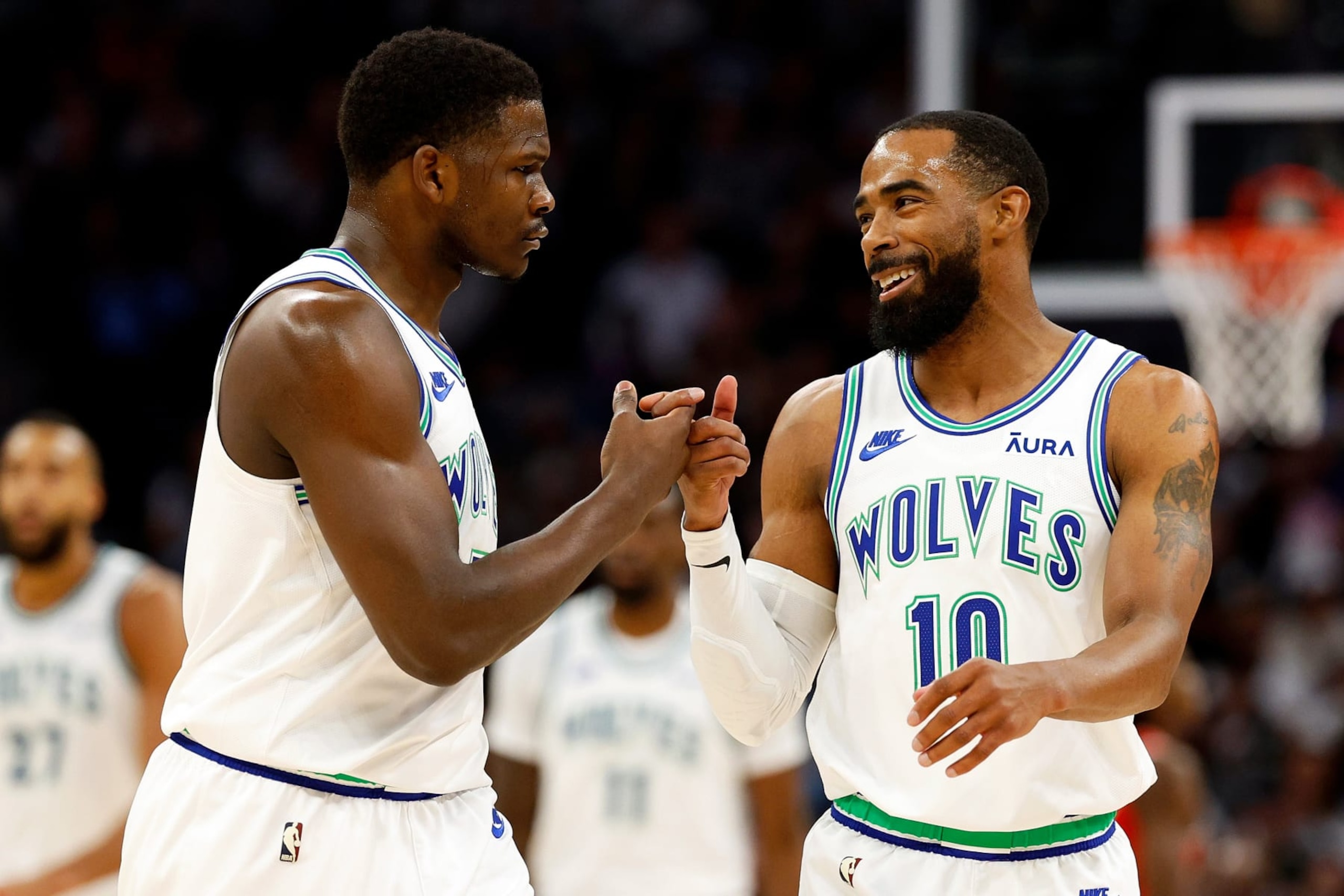MINNEAPOLIS, MINNESOTA - MARCH 31: Mike Conley #10 and Anthony Edwards #5 of the Minnesota Timberwolves celebrate in the first quarter against the Chicago Bulls at Target Center on March 31, 2024 in Minneapolis, Minnesota. NOTE TO USER: User expressly acknowledges and agrees that, by downloading and or using this photograph, User is consenting to the terms and conditions of the Getty Images License Agreement. (Photo by David Berding/Getty Images) MINNEAPOLIS, MINNESOTA - MARCH 31: Mike Conley #10 and Anthony Edwards #5 of the Minnesota Timberwolves celebrate in the first quarter against the Chicago Bulls at Target Center on March 31, 2024 in Minneapolis, Minnesota. NOTE TO USER: User expressly acknowledges and agrees that, by downloading and or using this photograph, User is consenting to the terms and conditions of the Getty Images License Agreement. (Photo by David Berding/Getty Images)