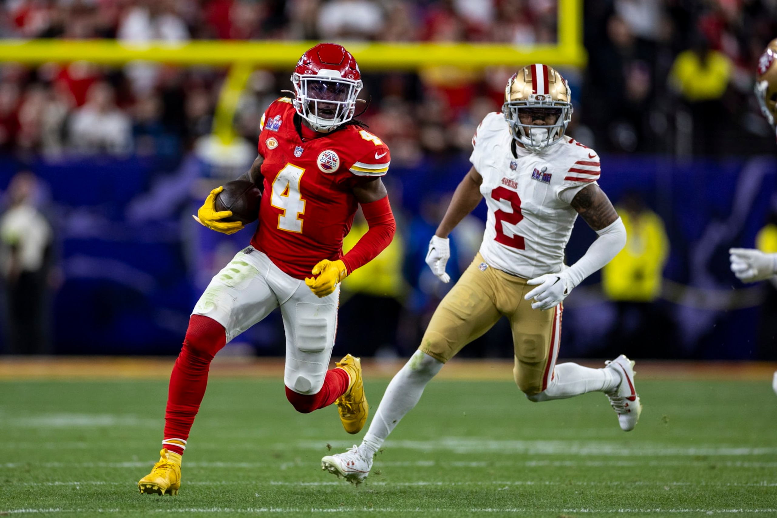 LAS VEGAS, NEVADA - FEBRUARY 11: Rashee Rice #4 of the Kansas City Chiefs runs with the ball during the NFL Super Bowl 58 football game between the San Francisco 49ers and the Kansas City Chiefs at Allegiant Stadium on February 11, 2024 in Las Vegas, Nevada. (Photo by Michael Owens/Getty Images) LAS VEGAS, NEVADA - FEBRUARY 11: Rashee Rice #4 of the Kansas City Chiefs runs with the ball during the NFL Super Bowl 58 football game between the San Francisco 49ers and the Kansas City Chiefs at Allegiant Stadium on February 11, 2024 in Las Vegas, Nevada. (Photo by Michael Owens/Getty Images)