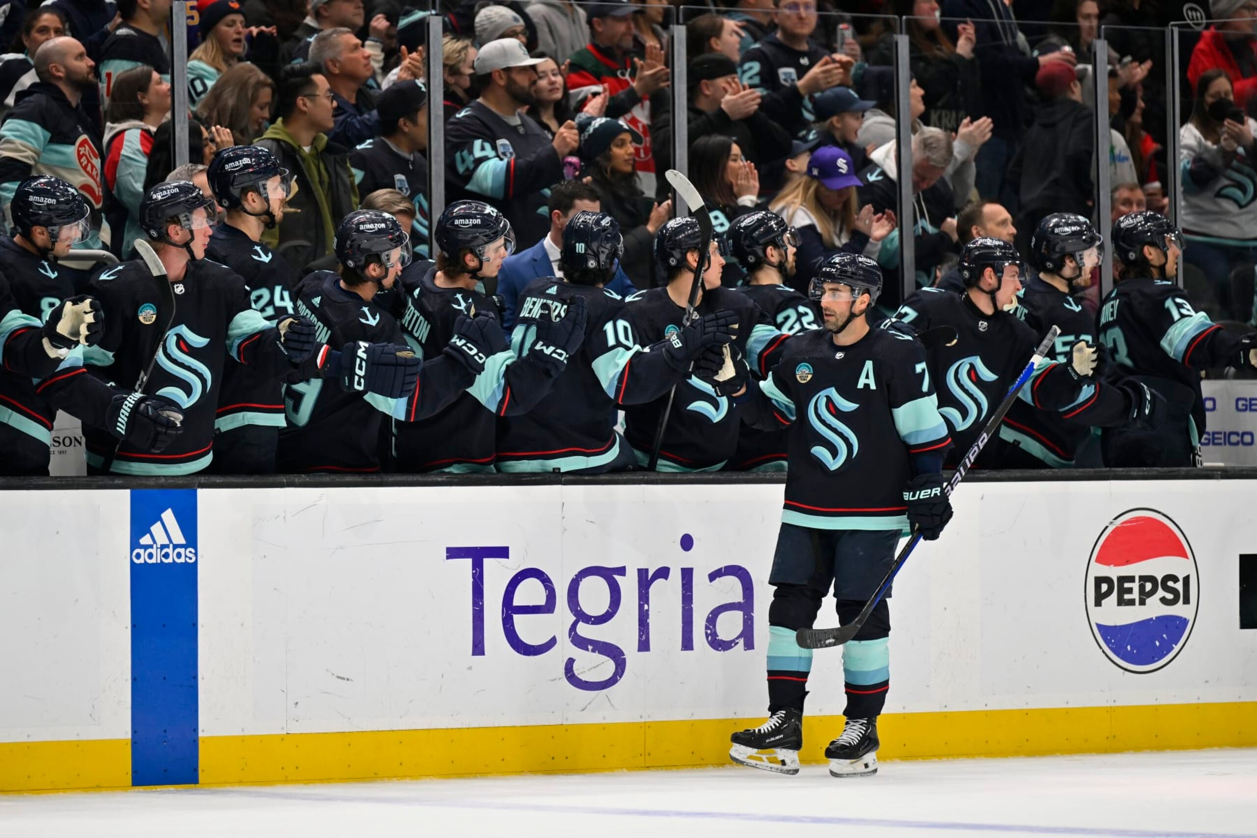 SEATTLE, WASHINGTON - MARCH 26: Jordan Eberle #7 of the Seattle Kraken celebrates with teammates after scoring during the first period against the Anaheim Ducks at Climate Pledge Arena on March 26, 2024 in Seattle, Washington. (Photo by Alika Jenner/Getty Images) SEATTLE, WASHINGTON - MARCH 26: Jordan Eberle #7 of the Seattle Kraken celebrates with teammates after scoring during the first period against the Anaheim Ducks at Climate Pledge Arena on March 26, 2024 in Seattle, Washington. (Photo by Alika Jenner/Getty Images)