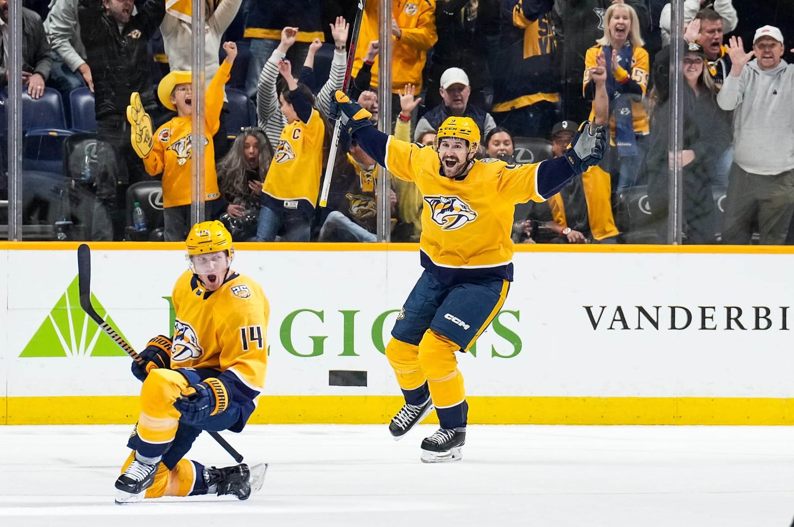 NASHVILLE, TENNESSEE - MARCH 26: Gustav Nyquist #14 celebrates his power play goal with Filip Forsberg #9 of the Nashville Predators against the Vegas Golden Knights during an NHL game at Bridgestone Arena on March 26, 2024 in Nashville, Tennessee. (Photo by John Russell/NHLI via Getty Images) NASHVILLE, TENNESSEE - MARCH 26: Gustav Nyquist #14 celebrates his power play goal with Filip Forsberg #9 of the Nashville Predators against the Vegas Golden Knights during an NHL game at Bridgestone Arena on March 26, 2024 in Nashville, Tennessee. (Photo by John Russell/NHLI via Getty Images)