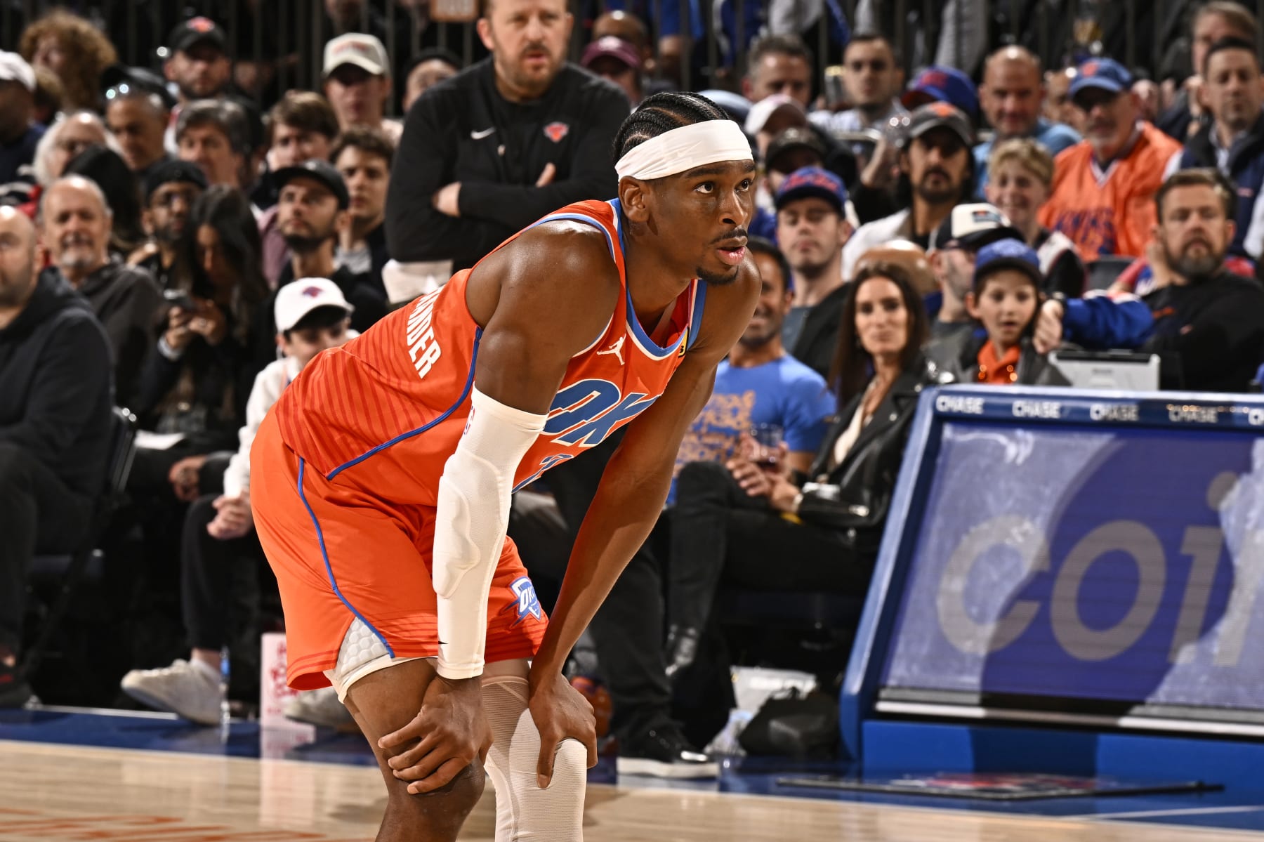 NEW YORK, NY - MARCH 31: Shai Gilgeous-Alexander #2 of the Oklahoma City Thunder looks on during the game against the New York Knicks on March 31, 2024 at Madison Square Garden in New York City, New York.  NOTE TO USER: User expressly acknowledges and agrees that, by downloading and or using this photograph, User is consenting to the terms and conditions of the Getty Images License Agreement. Mandatory Copyright Notice: Copyright 2024 NBAE  (Photo by David Dow/NBAE via Getty Images)