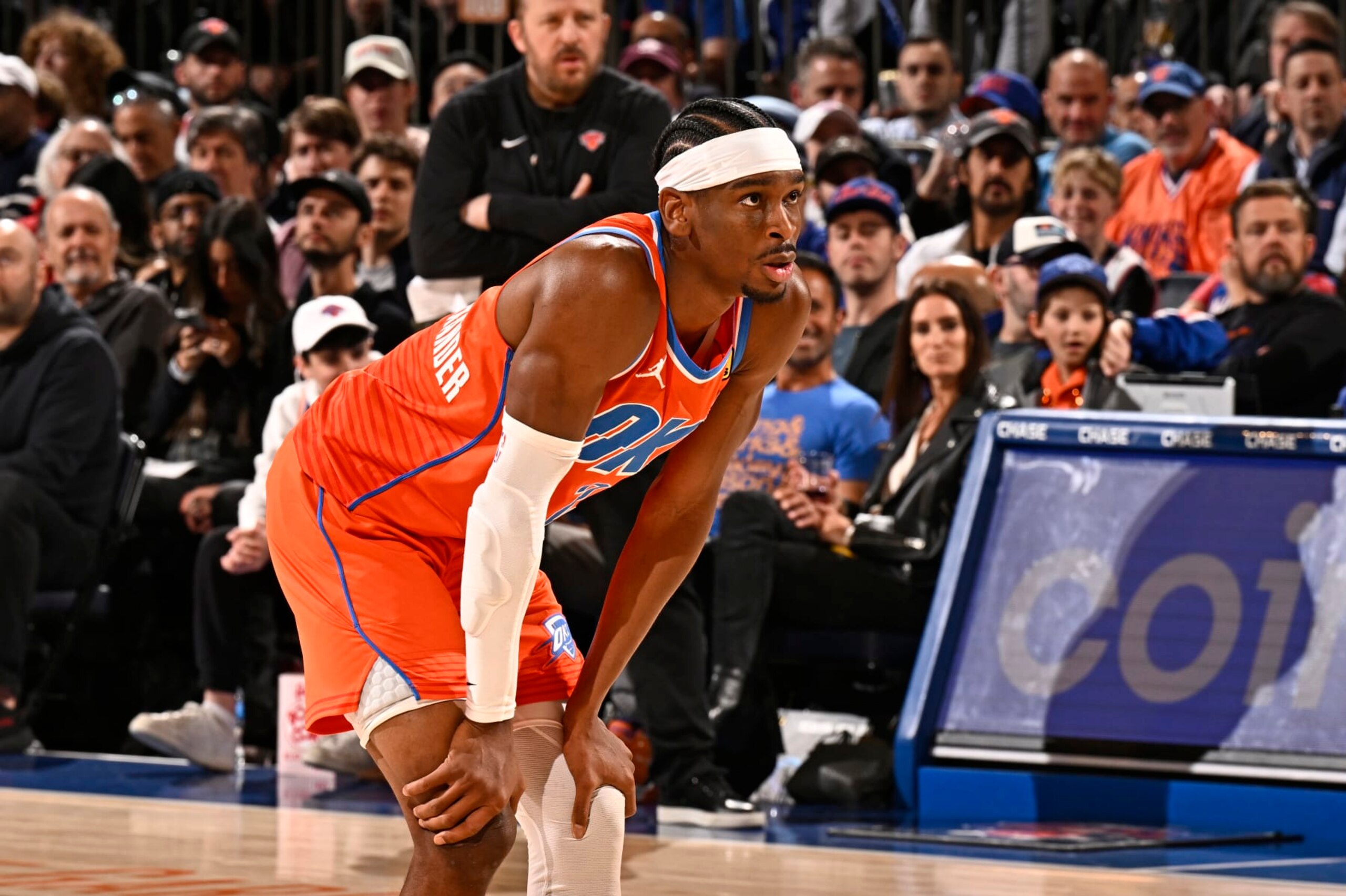 NEW YORK, NY - MARCH 31: Shai Gilgeous-Alexander #2 of the Oklahoma City Thunder looks on during the game against the New York Knicks on March 31, 2024 at Madison Square Garden in New York City, New York.  NOTE TO USER: User expressly acknowledges and agrees that, by downloading and or using this photograph, User is consenting to the terms and conditions of the Getty Images License Agreement. Mandatory Copyright Notice: Copyright 2024 NBAE  (Photo by David Dow/NBAE via Getty Images)