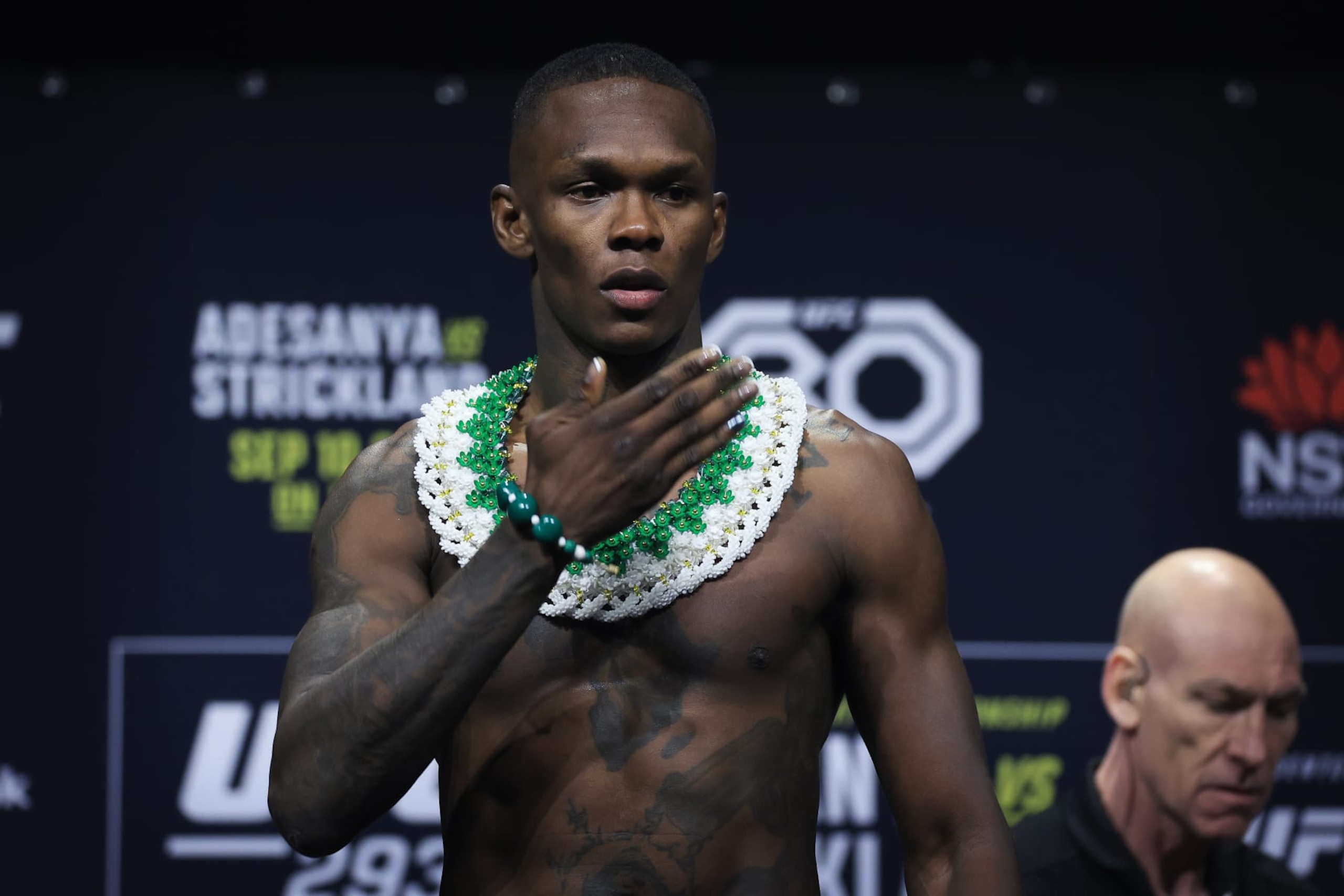 SYDNEY, AUSTRALIA - SEPTEMBER 08: Israel Adesanya of Nigeria poses during the ceremonial weigh in for UFC 293 at Qudos Bank Arena on September 08, 2023 in Sydney, Australia. (Photo by Mark Evans/Getty Images) SYDNEY, AUSTRALIA - SEPTEMBER 08: Israel Adesanya of Nigeria poses during the ceremonial weigh in for UFC 293 at Qudos Bank Arena on September 08, 2023 in Sydney, Australia. (Photo by Mark Evans/Getty Images)
