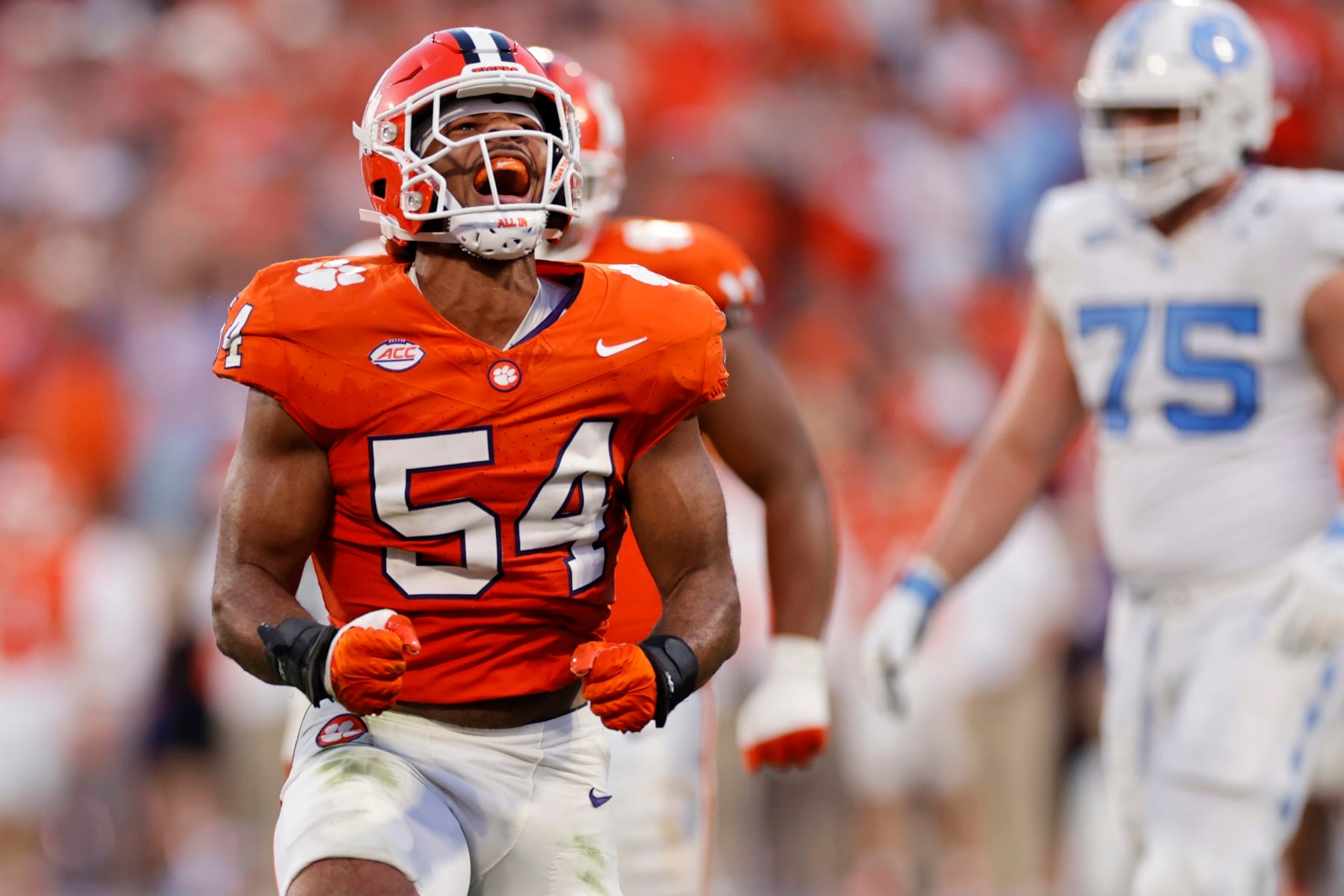 CLEMSON, SC - NOVEMBER 18: Clemson Tigers linebacker Jeremiah Trotter Jr. (54) reacts after making a tackle on defense during a college football game against the North Carolina Tar Heels on November 18, 2023 at Memorial Stadium in Clemson, South Carolina. (Photo by Joe Robbins/Icon Sportswire via Getty Images)