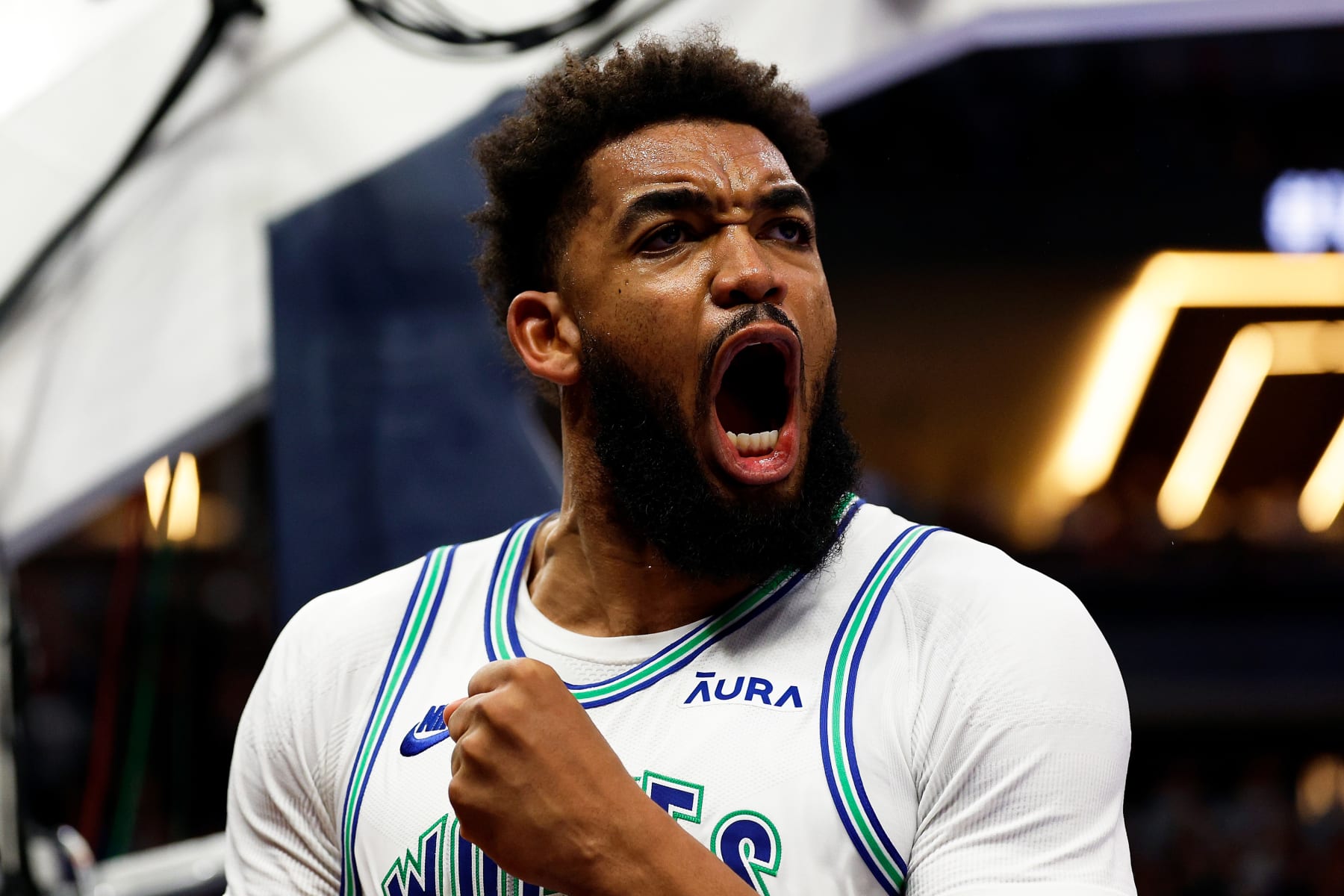 MINNEAPOLIS, MINNESOTA - FEBRUARY 23: Karl-Anthony Towns #32 of the Minnesota Timberwolves reacts to his foul against the Milwaukee Bucks in the fourth quarter at Target Center on February 23, 2024 in Minneapolis, Minnesota. The Bucks defeated the Timberwolves 112-107. NOTE TO USER: User expressly acknowledges and agrees that, by downloading and or using this photograph, User is consenting to the terms and conditions of the Getty Images License Agreement. (Photo by David Berding/Getty Images)