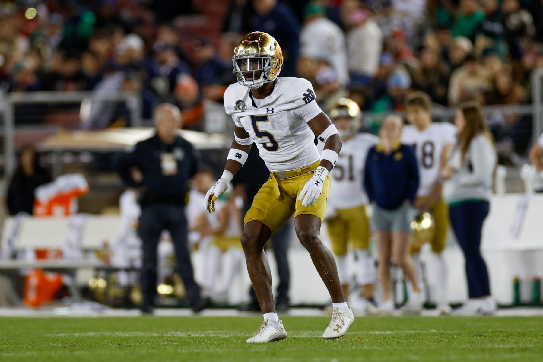 STANFORD, CALIFORNIA - NOVEMBER 25: Cam Hart #5 of the Notre Dame Fighting Irish in a defensive stance in the second half during a game against the Stanford Cardinal at Stanford Stadium on November 25, 2023 in Stanford, California. (Photo by Brandon Sloter/Image Of Sport/Getty Images)