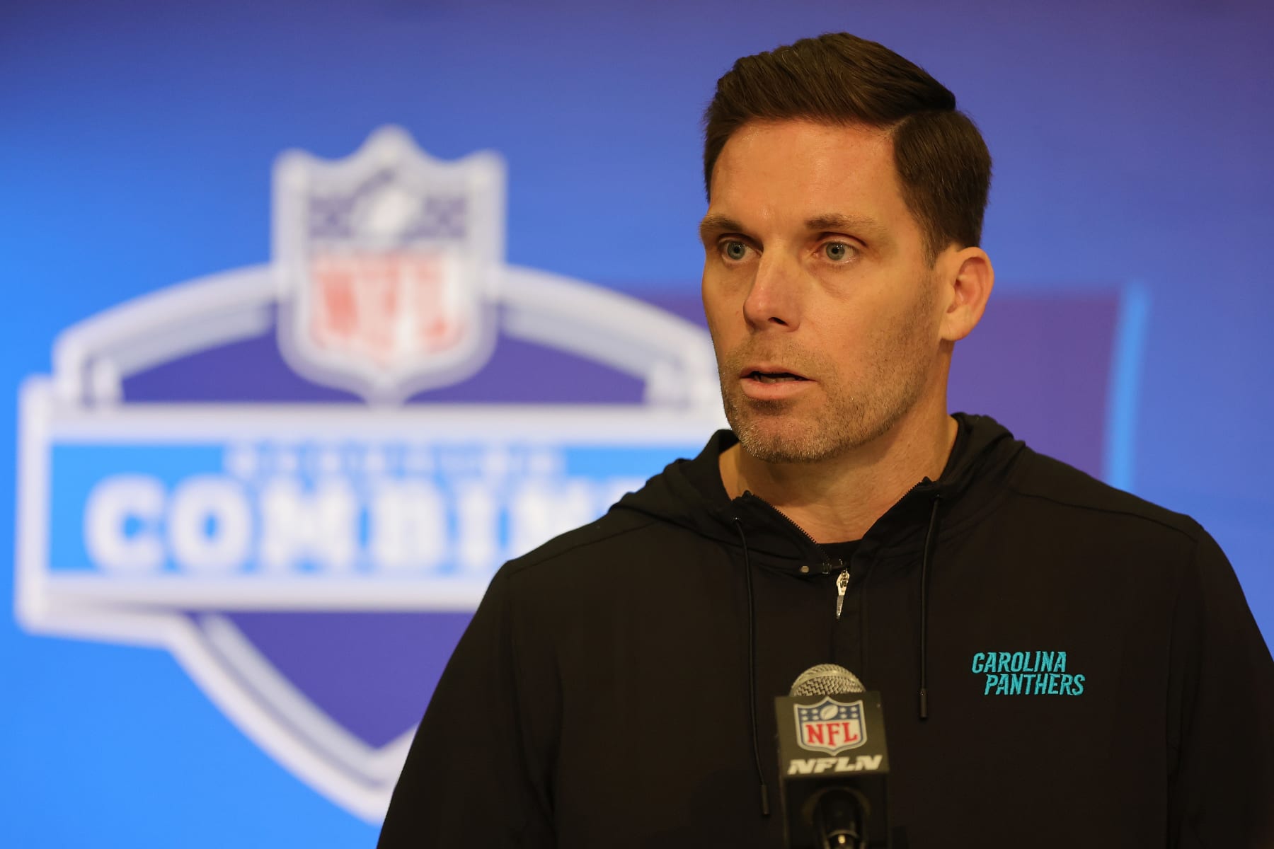 INDIANAPOLIS, INDIANA - FEBRUARY 27: General manager Dan Morgan of the Carolina Panthers speaks to the media during the NFL Combine at the Indiana Convention Center on February 27, 2024 in Indianapolis, Indiana. (Photo by Stacy Revere/Getty Images)