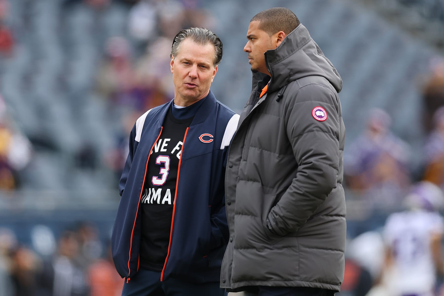 CHICAGO, ILLINOIS - JANUARY 08: Head coach Matt Eberflus of the Chicago Bears talks with general manager Ryan Poles prior to the game against the Minnesota Vikings at Soldier Field on January 08, 2023 in Chicago, Illinois. (Photo by Michael Reaves/Getty Images)
