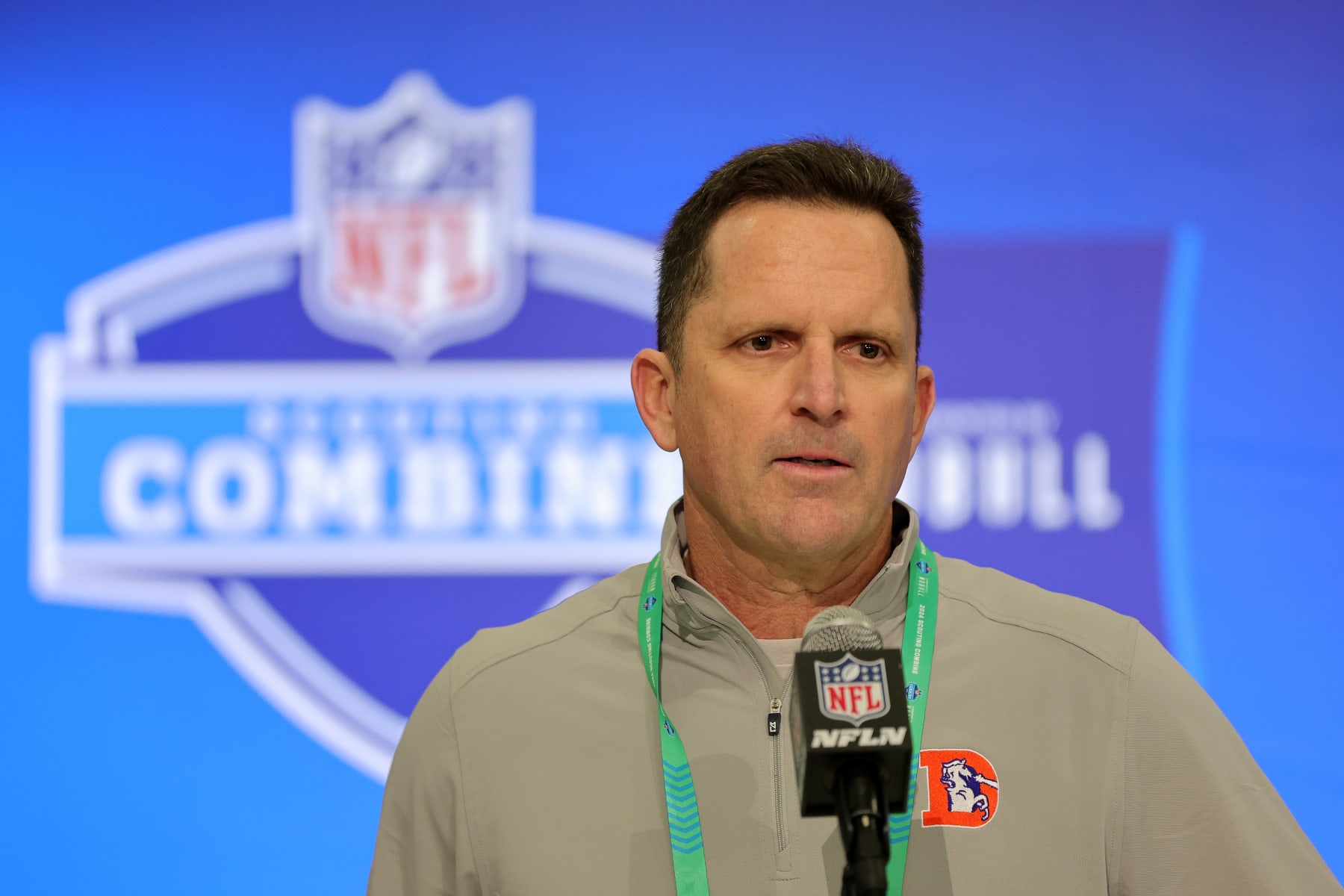 INDIANAPOLIS, INDIANA - FEBRUARY 27: General manager George Paton of the Denver Broncos speaks to the media during the NFL Combine at the Indiana Convention Center on February 27, 2024 in Indianapolis, Indiana. (Photo by Stacy Revere/Getty Images)