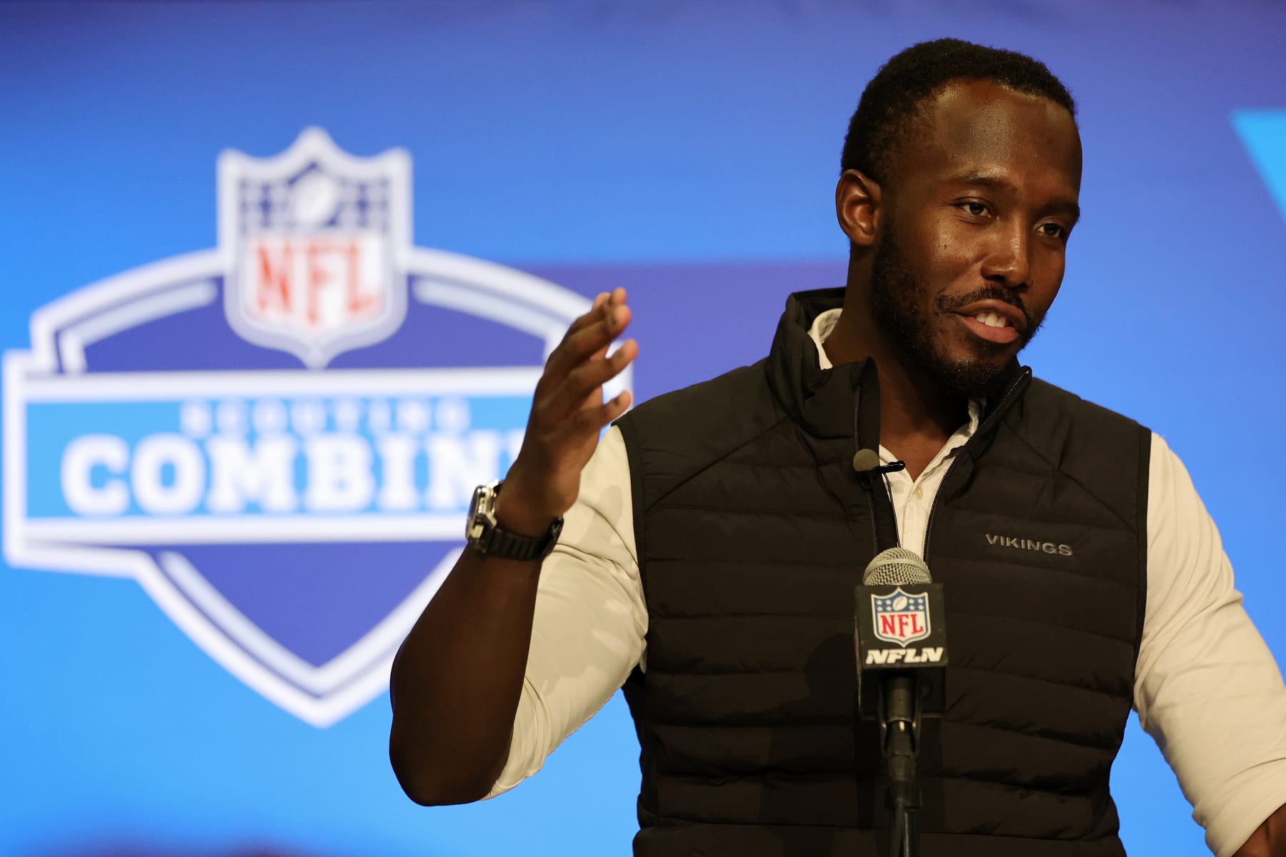 INDIANAPOLIS, INDIANA - FEBRUARY 27: General manager Kwesi Adolfo-Mensah of the Minnesota Vikings speaks to the media during the NFL Combine at the Indiana Convention Center on February 27, 2024 in Indianapolis, Indiana. (Photo by Stacy Revere/Getty Images)